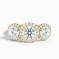 Emma 1.5 Carat Three Stone Round Halo Moissanite Engagement Ring in 10k Yellow Gold