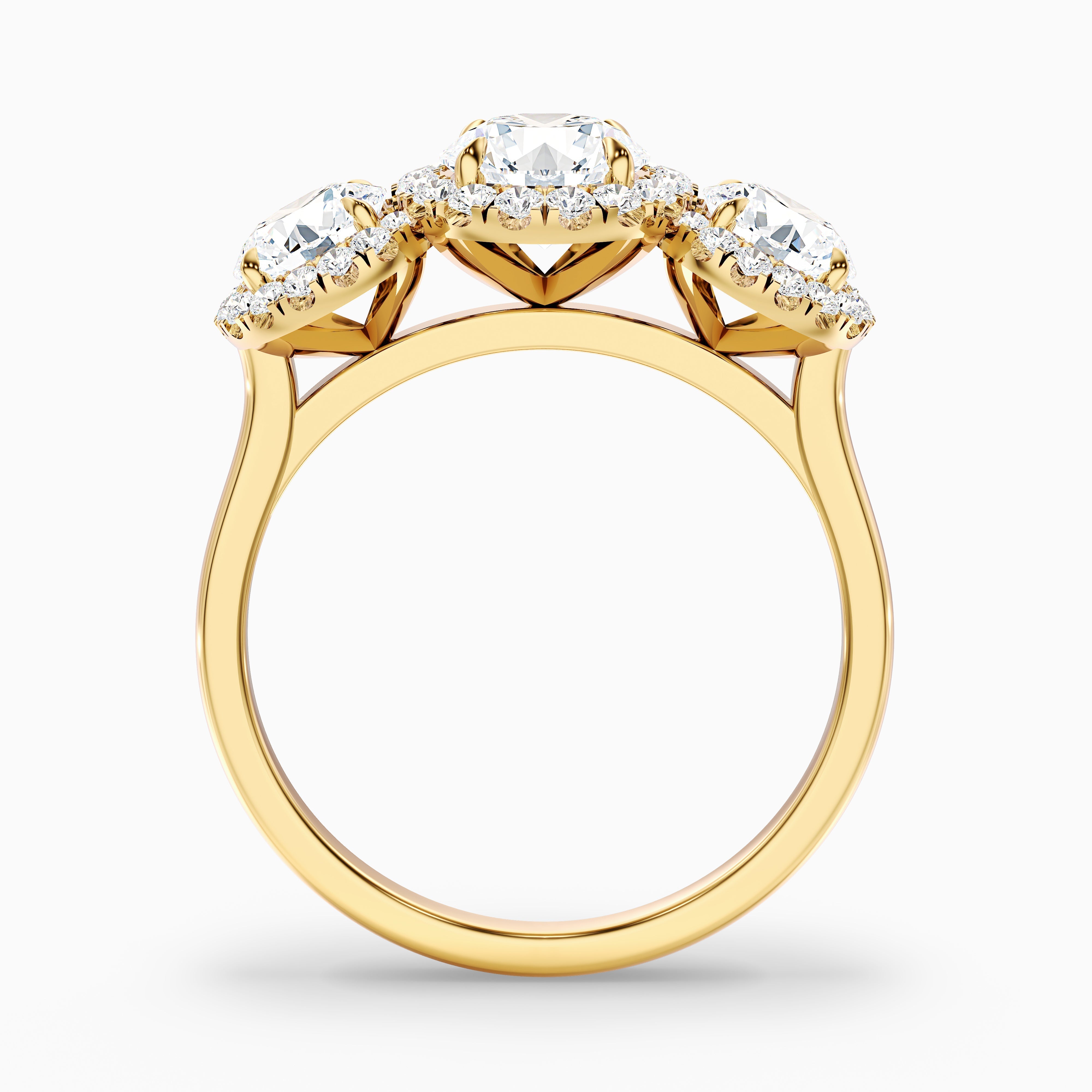 Emma 5 Carat Three Stone Round Halo Moissanite Engagement Ring in 14k Yellow Gold