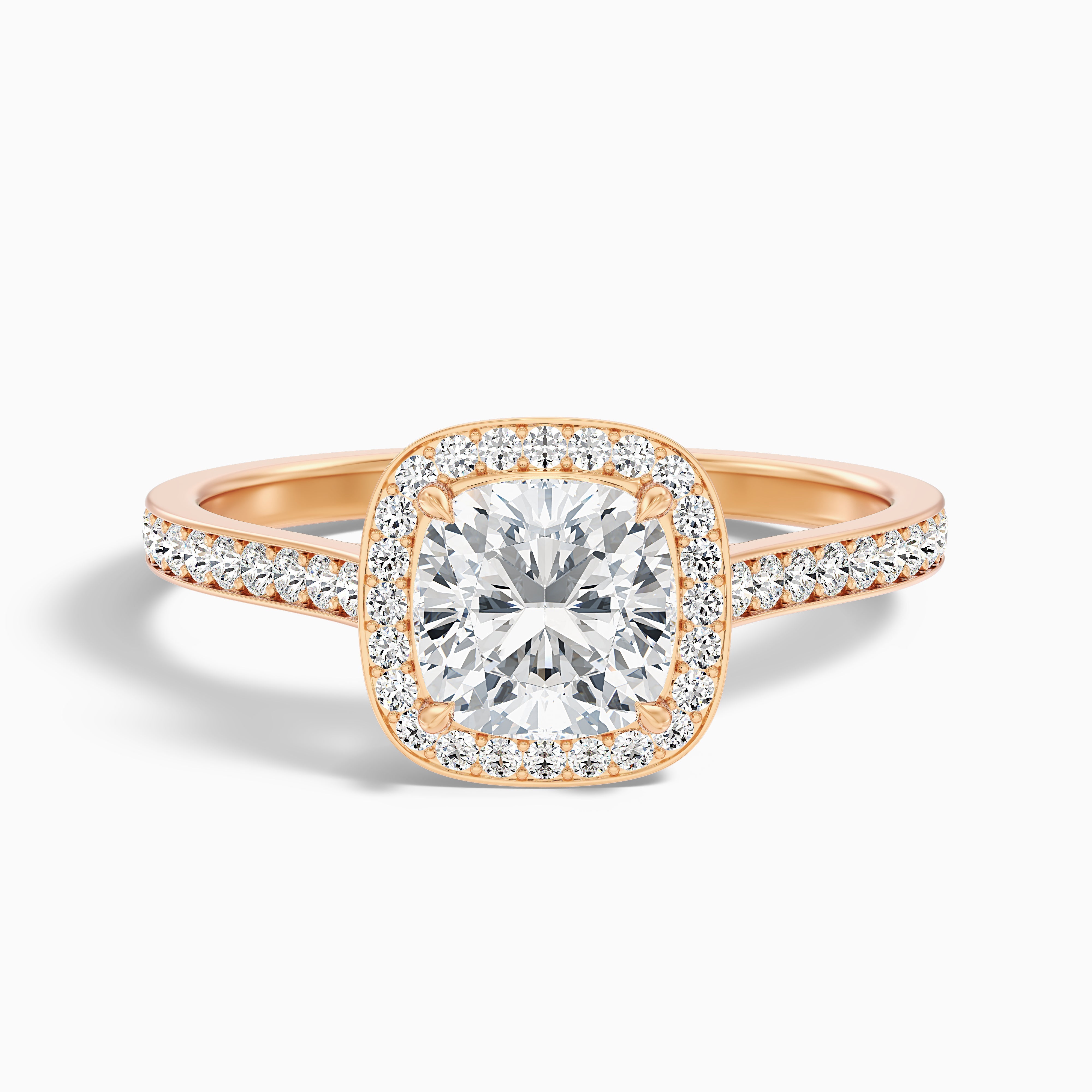 Kelly 2 Carat Cushion Cut Halo Pave Moissanite Engagement Ring in 18k Rose Gold