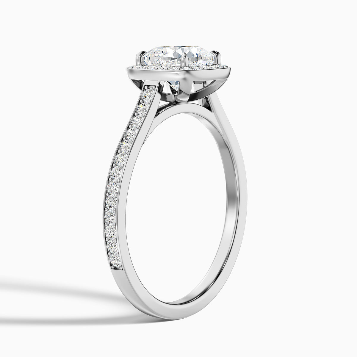 Kelly 2 Carat Cushion Cut Halo Pave Moissanite Engagement Ring in 18k White Gold