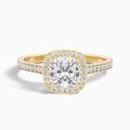 Kelly 3 Carat Cushion Cut Halo Pave Moissanite Engagement Ring in 10k Yellow Gold