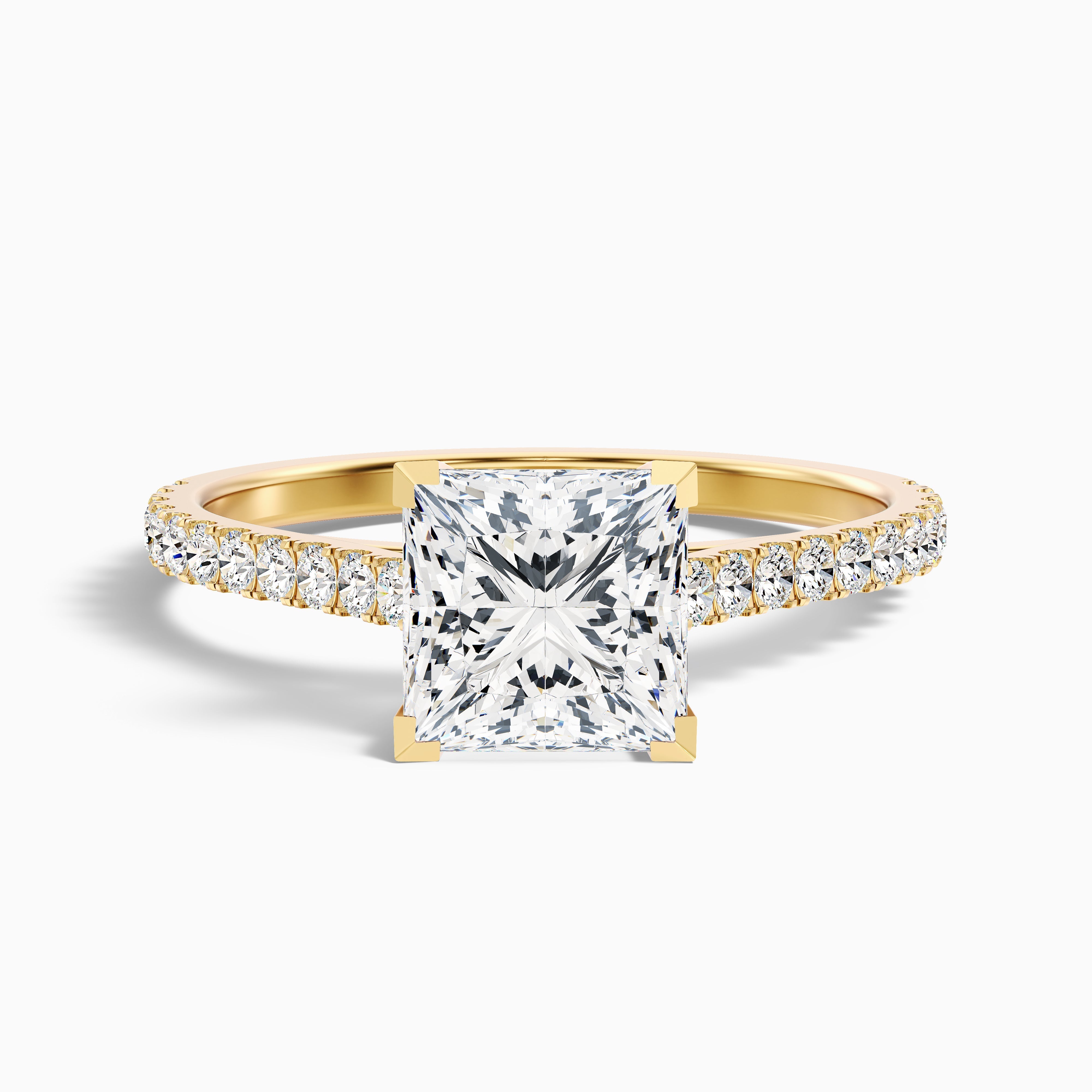 Helyn 5 Carat Princess Cut Side Stone Pave Moissanite Engagement Ring in 14k Yellow Gold