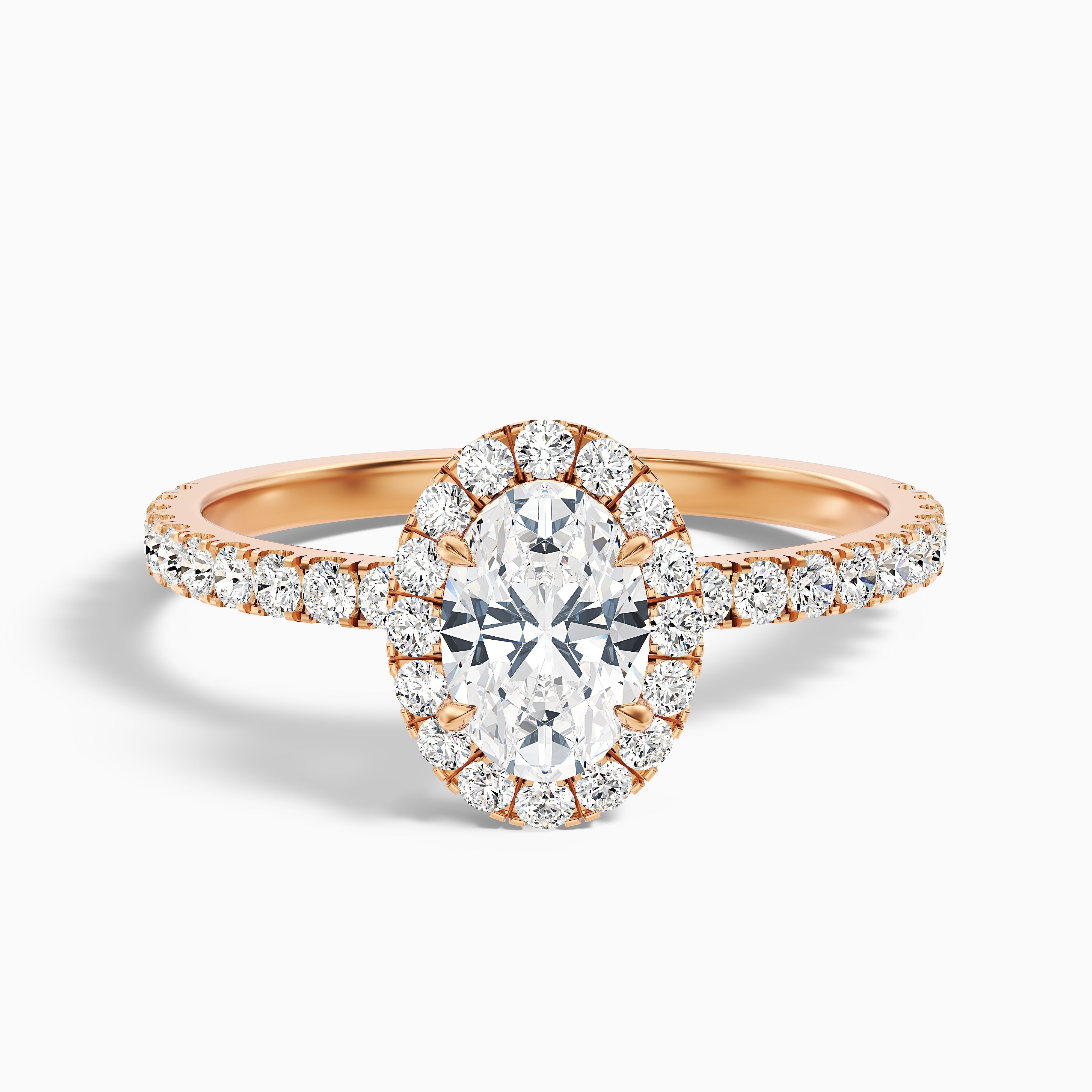 Grace 5 Carat Oval Halo Pave Moissanite Engagement Ring in 14k Rose Gold