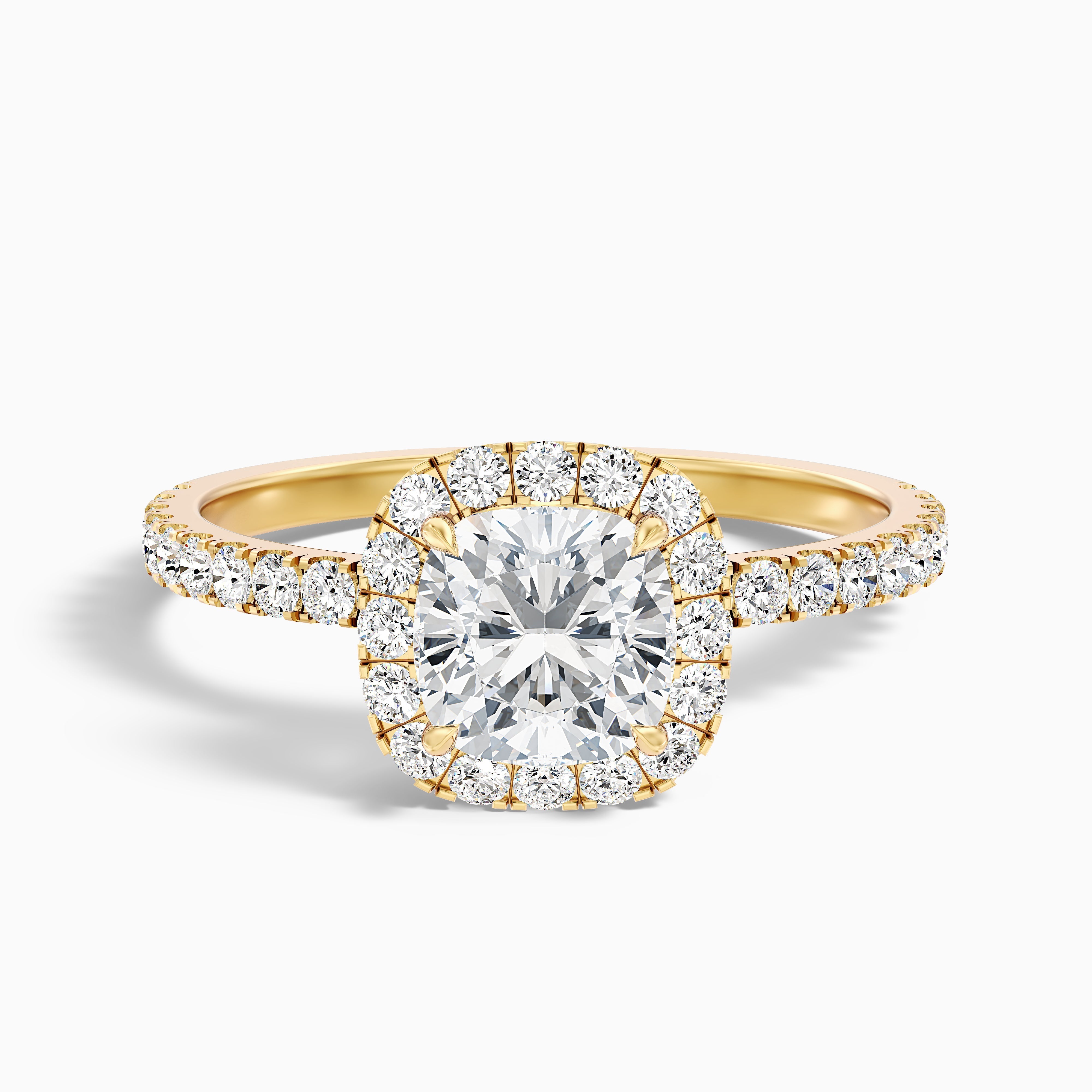 Gina 5.5 Carat Cushion Cut Halo Pave Moissanite Engagement Ring in 14k Yellow Gold