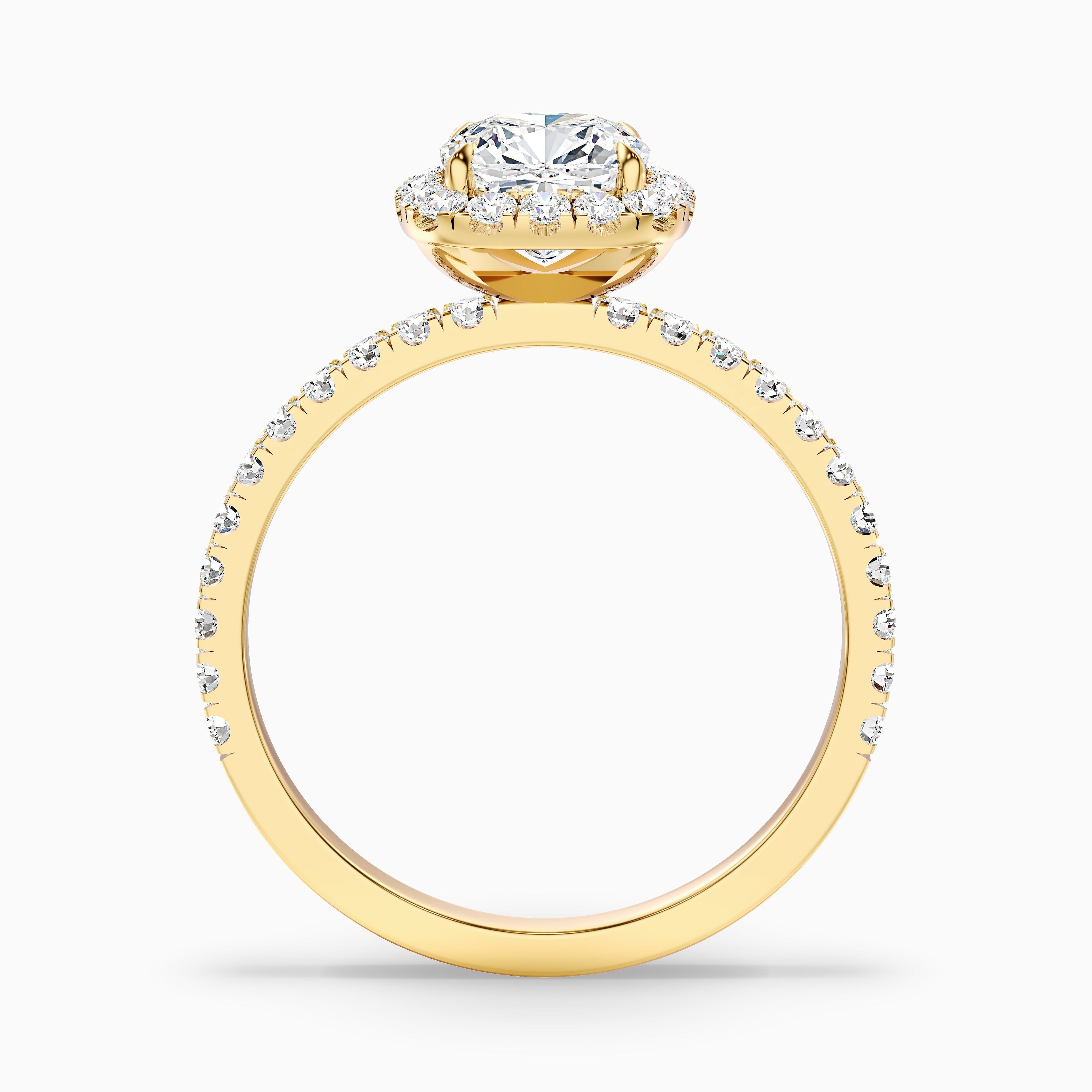 Gina 3 Carat Cushion Cut Halo Pave Moissanite Engagement Ring in 14k Yellow Gold