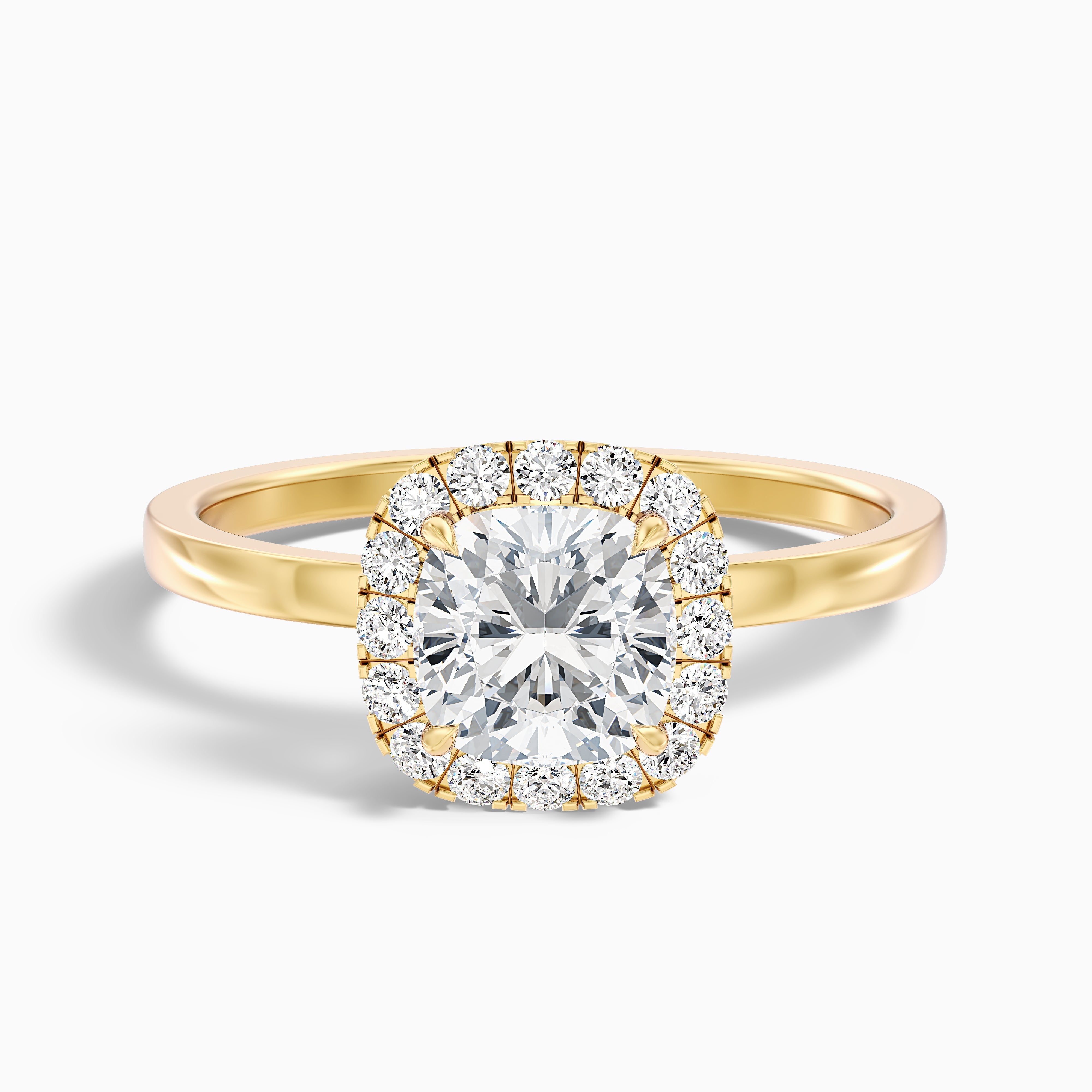 Claire 5 Carat Cushion Cut Halo Moissanite Engagement Ring in 14k Yellow Gold