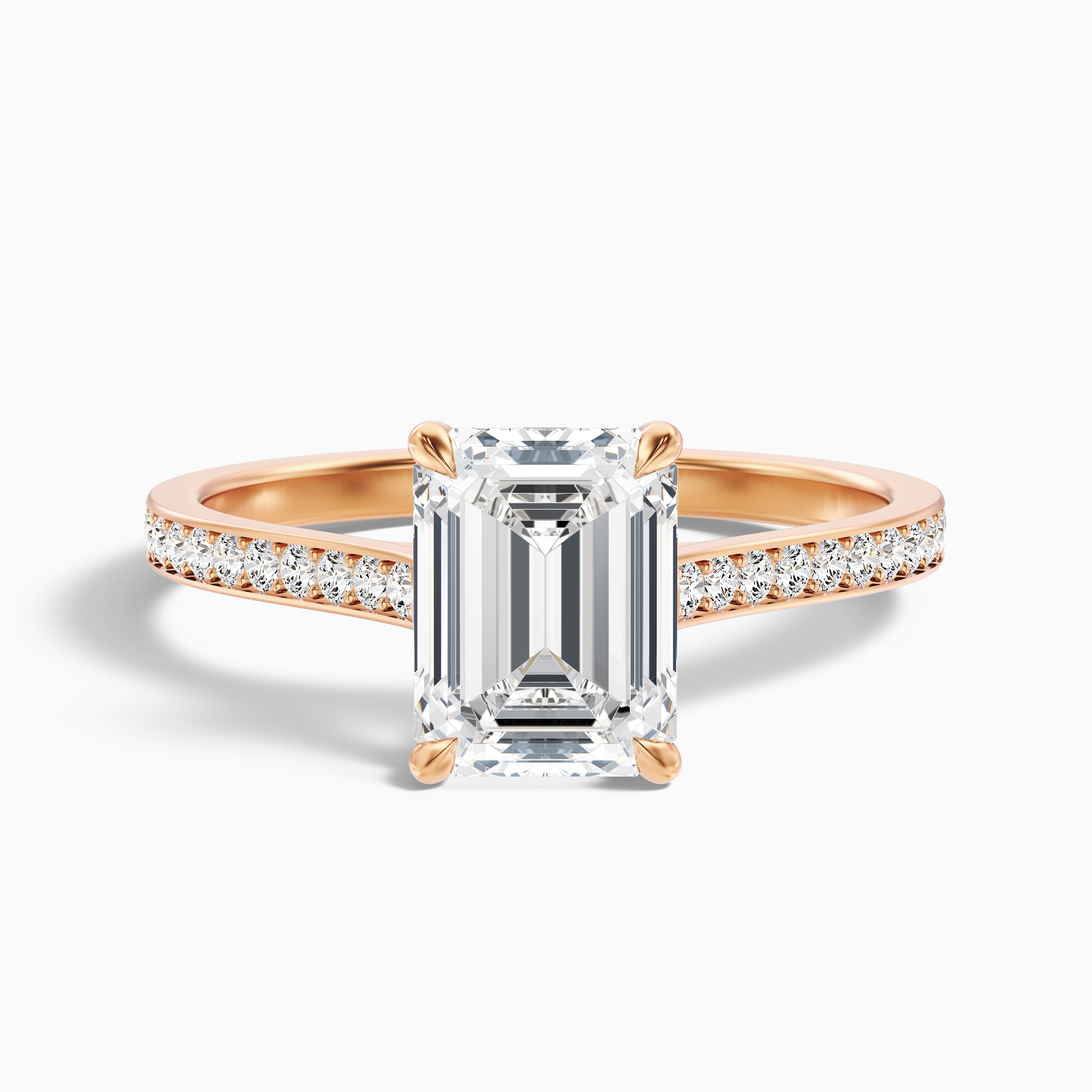 Chase 4 Carat Emerald Cut Side Stone Pave Moissanite Engagement Ring in 10k Rose Gold