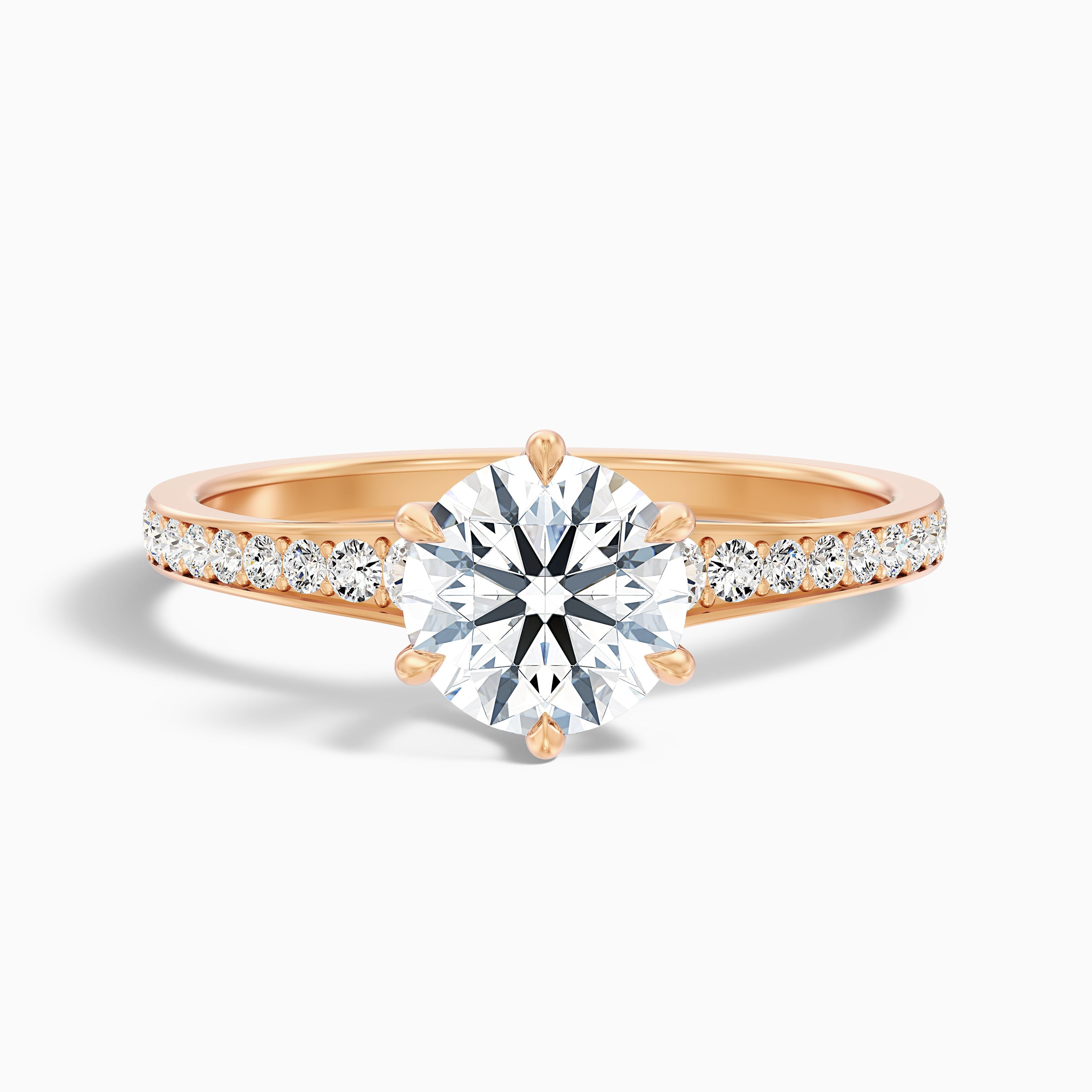 Carol 4 Carat Round Side Stone Pave Moissanite Engagement Ring in 18k Rose Gold