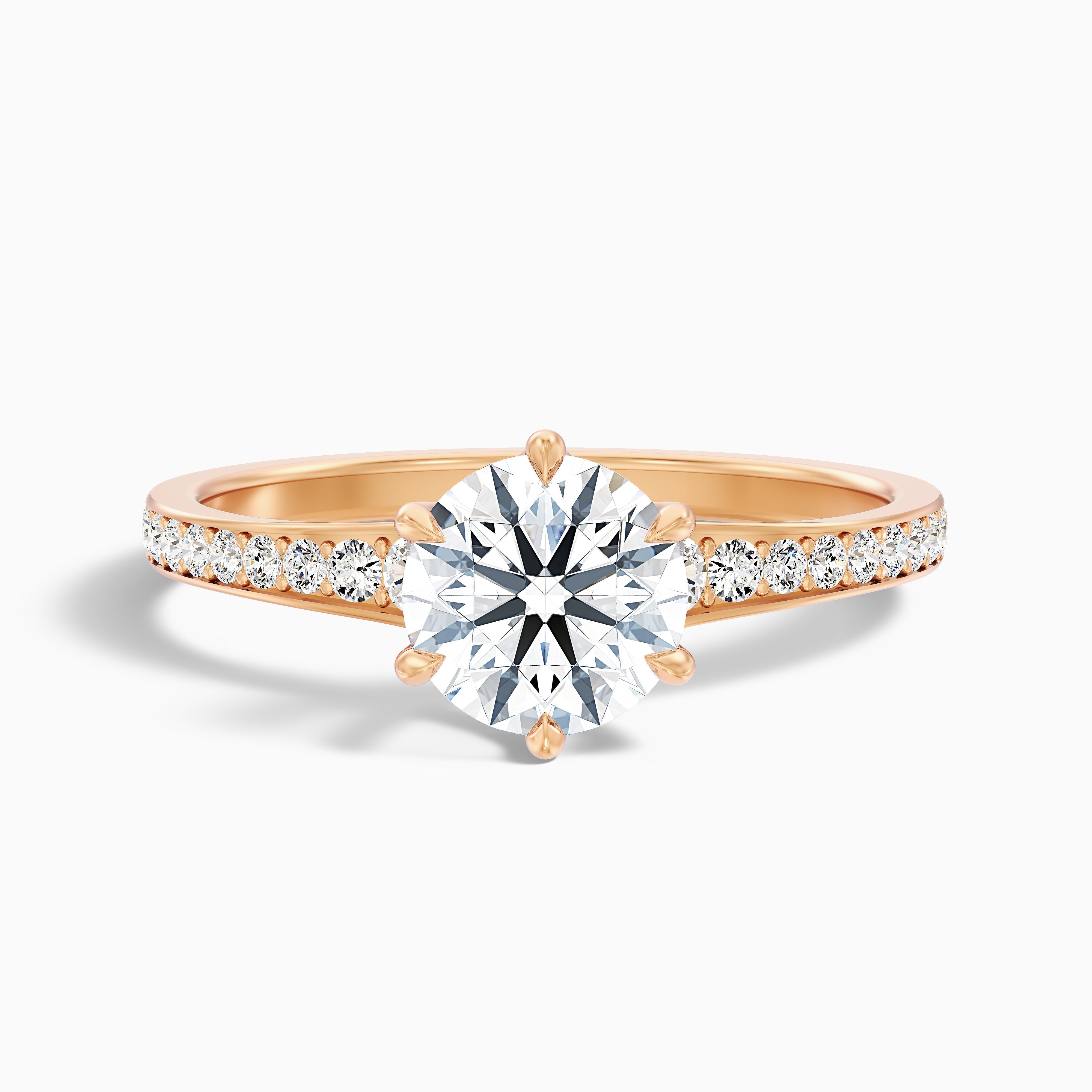 Carol 5 Carat Round Side Stone Pave Moissanite Engagement Ring in 14k Rose Gold