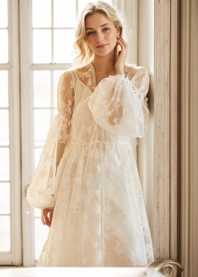 Ethereal Lace Long-Sleeve Sheer Bridal Robe Dress with Train SelenaHuanStudio