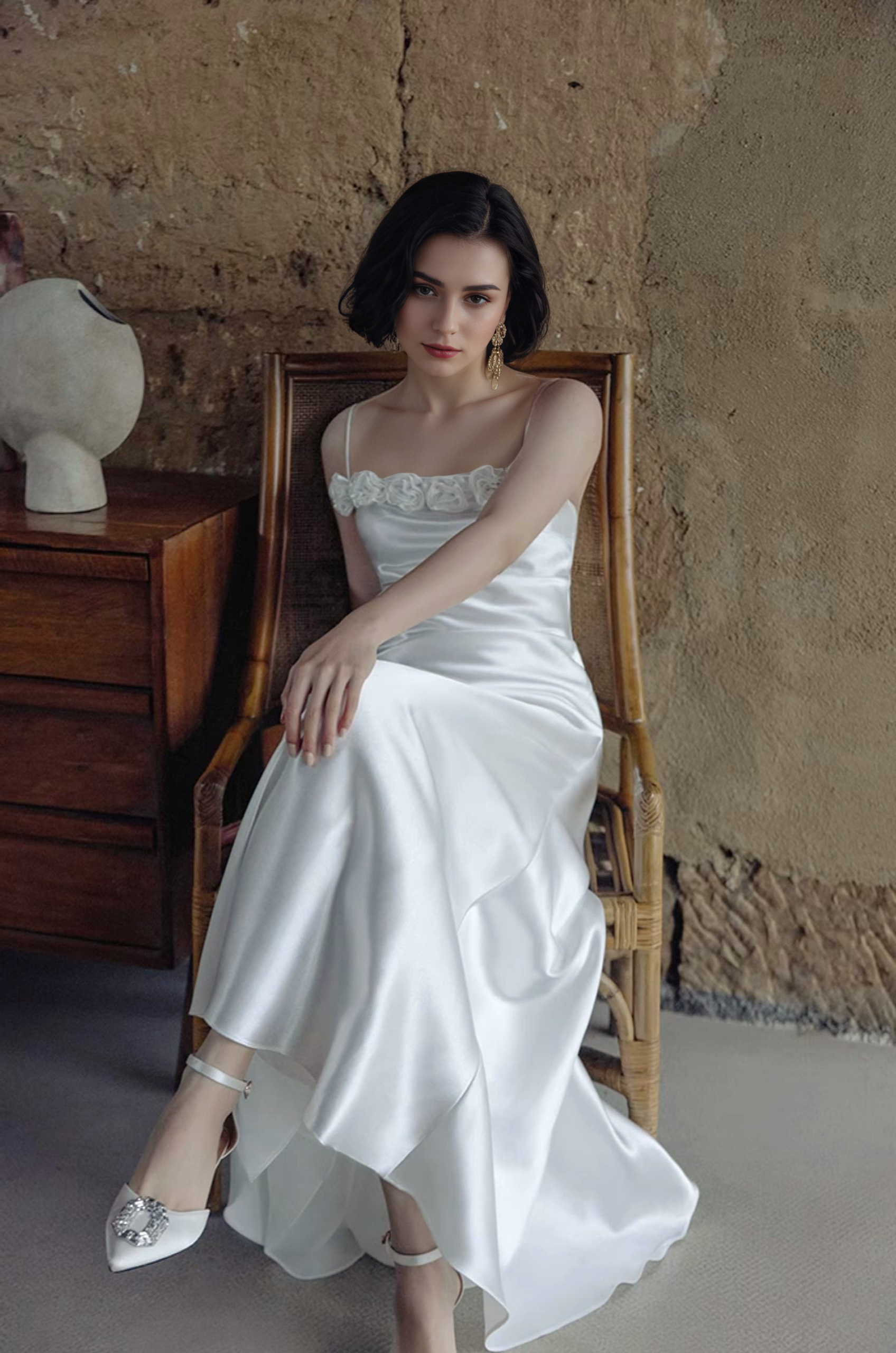 Vintage Rose-Trimmed Satin Slip Wedding Dress with Spaghetti Straps SelenaHuanStudio