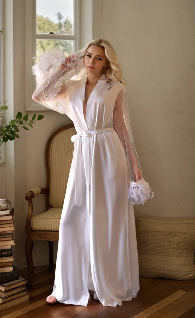 Sexy tulle lace Turkey Feather sleeves silky satin long bridal robe SelenaHuanStudio