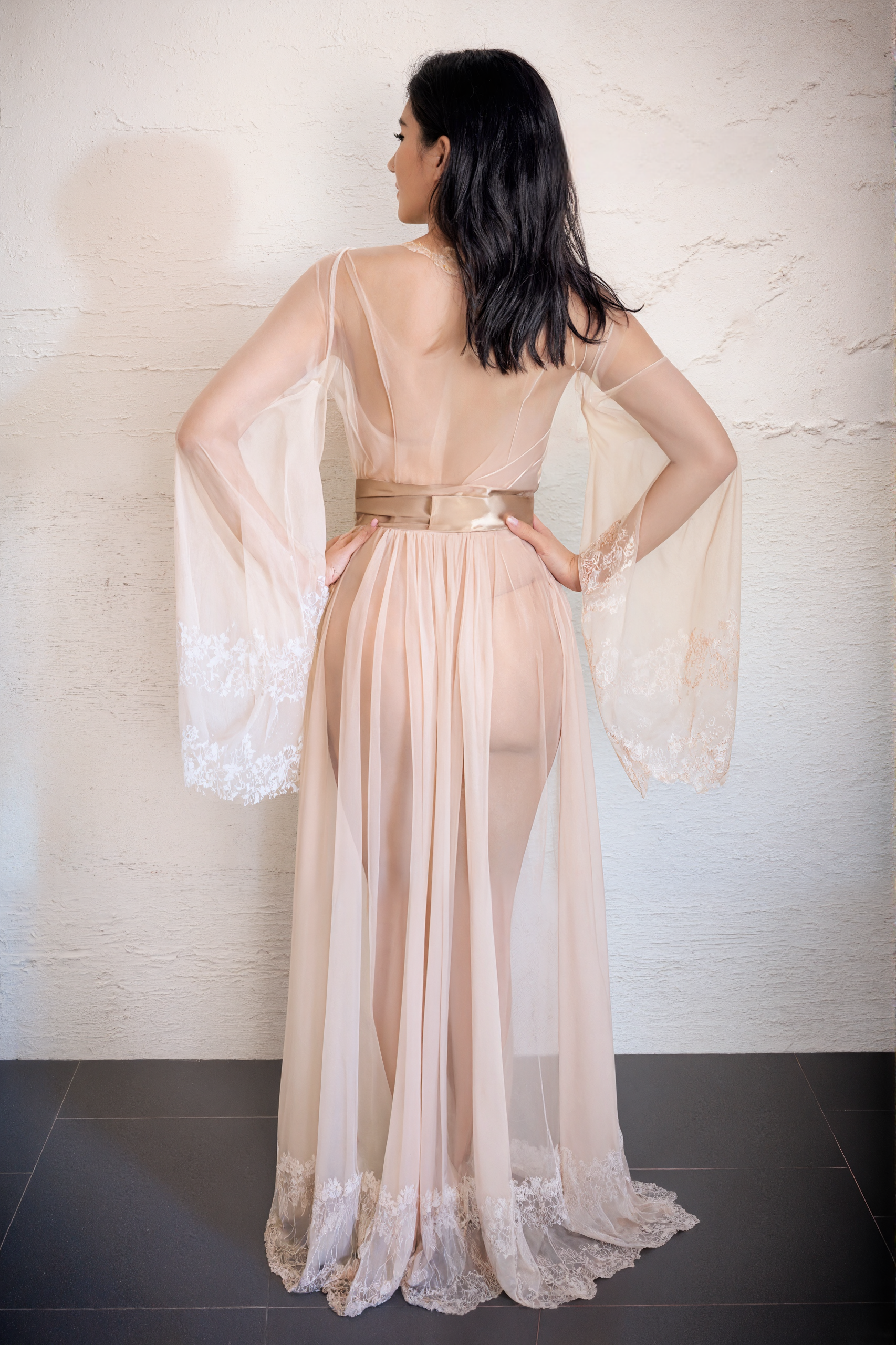 Luxury Champagne Sheer Tulle & Satin Robe Dress with Lace Bell Sleeves
