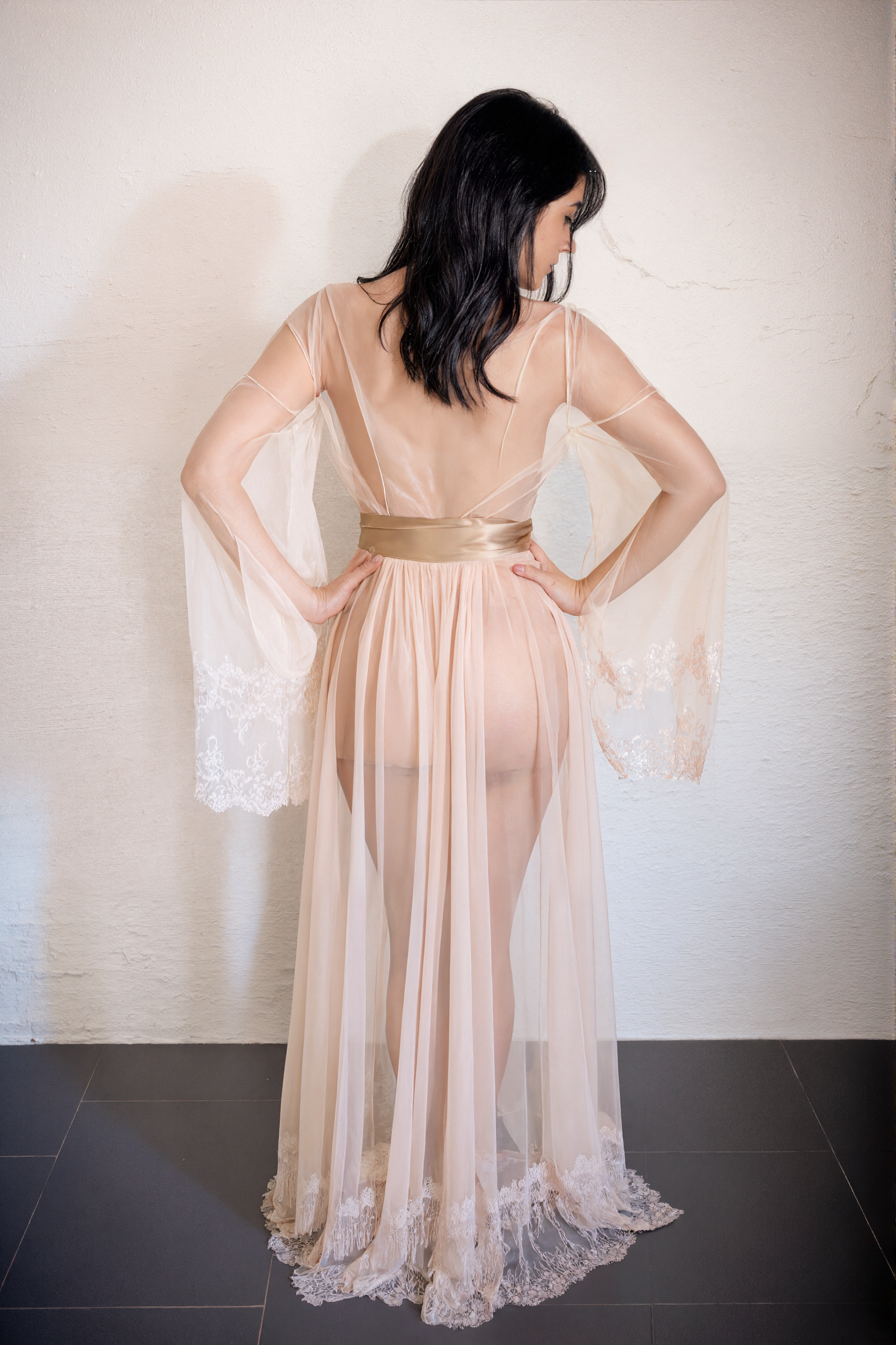 Luxury Champagne Sheer Tulle & Satin Robe Dress with Lace Bell Sleeves SelenaHuanStudio