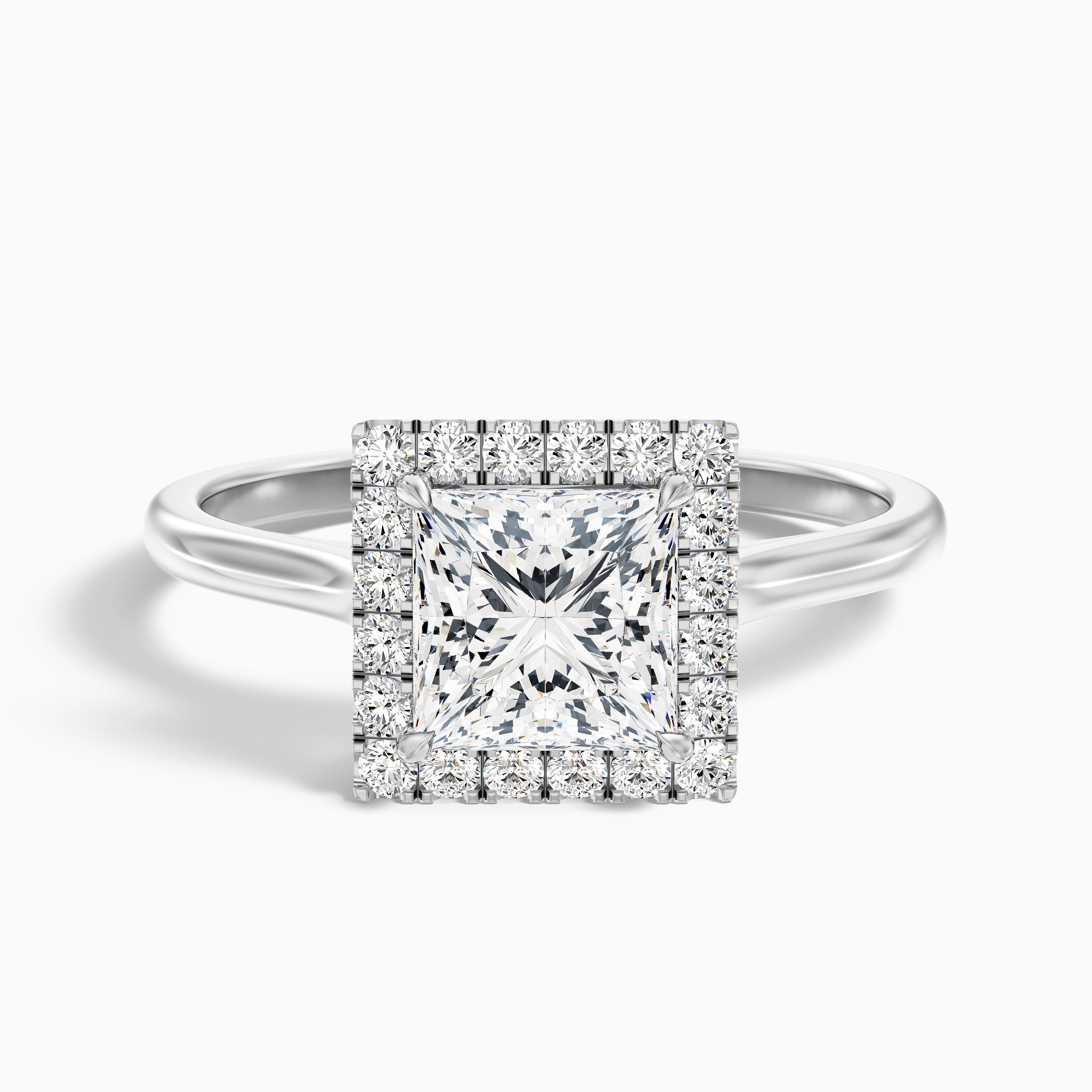Bela 5 Carat Princess Cut Halo Moissanite Engagement Ring in 18k White Gold