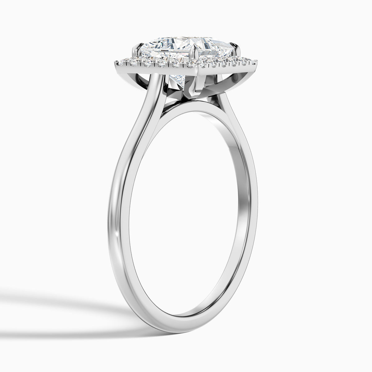 Bela 5 Carat Princess Cut Halo Moissanite Engagement Ring in 18k White Gold