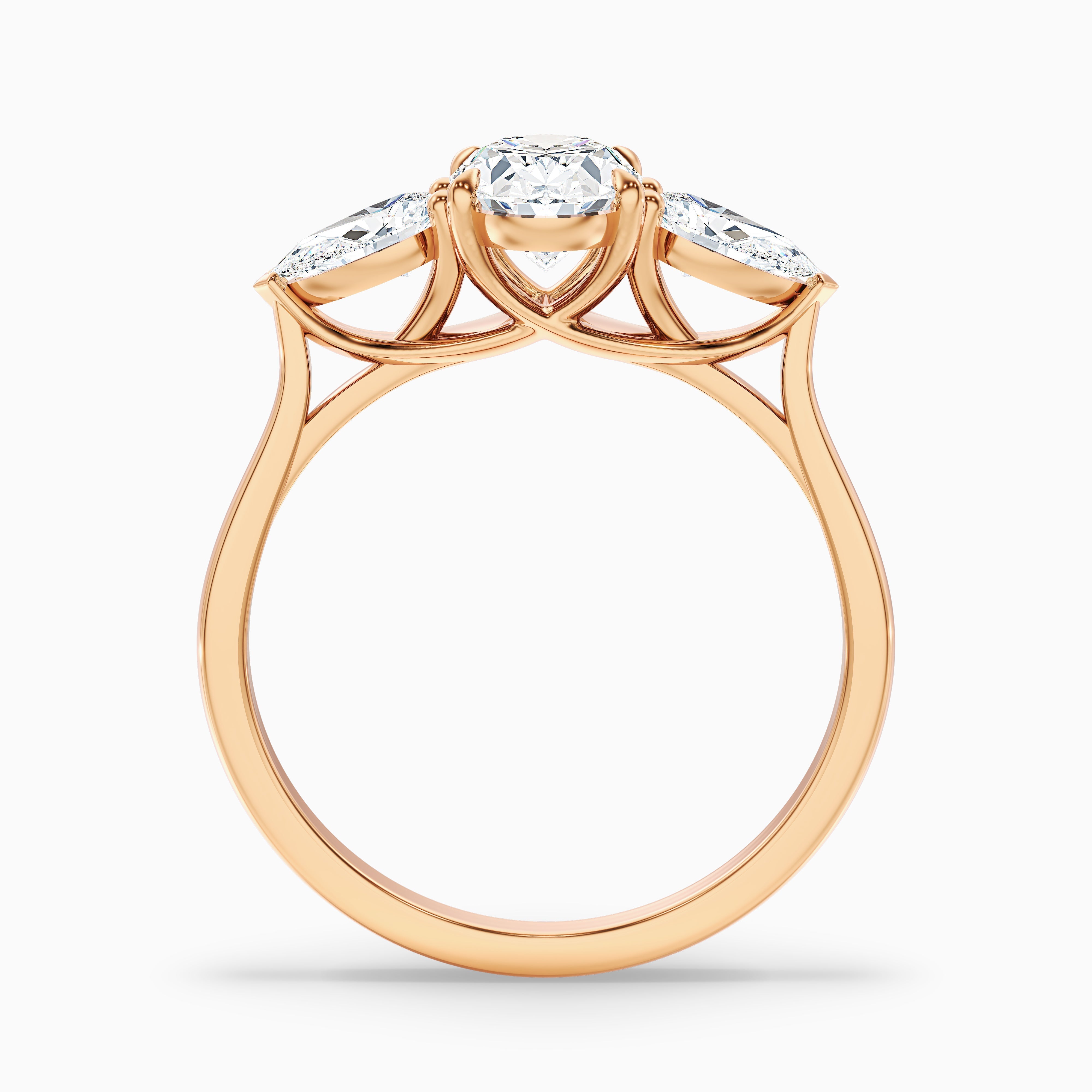 Isa 3 Carat Three Stone Oval Halo Moissanite Engagement Ring in 18k Rose Gold