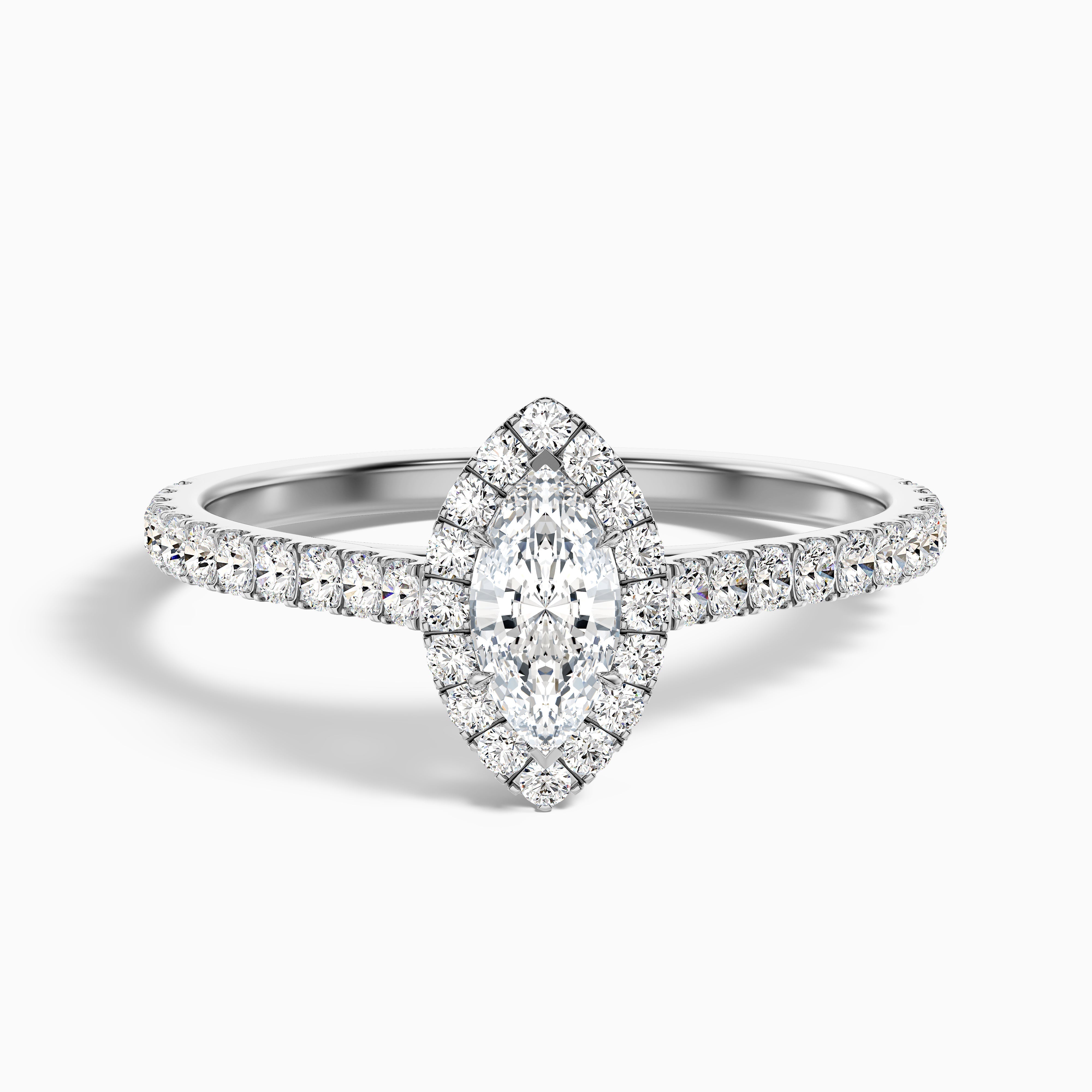 Anna 1 Carat Marquise Halo Pave Moissanite Engagement Ring in 14k White Gold