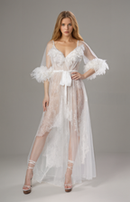 Luxury White Turkey Feather Lace Sheer Robe Dress Set | Bridal Getting Ready Gown SelenaHuanStudio
