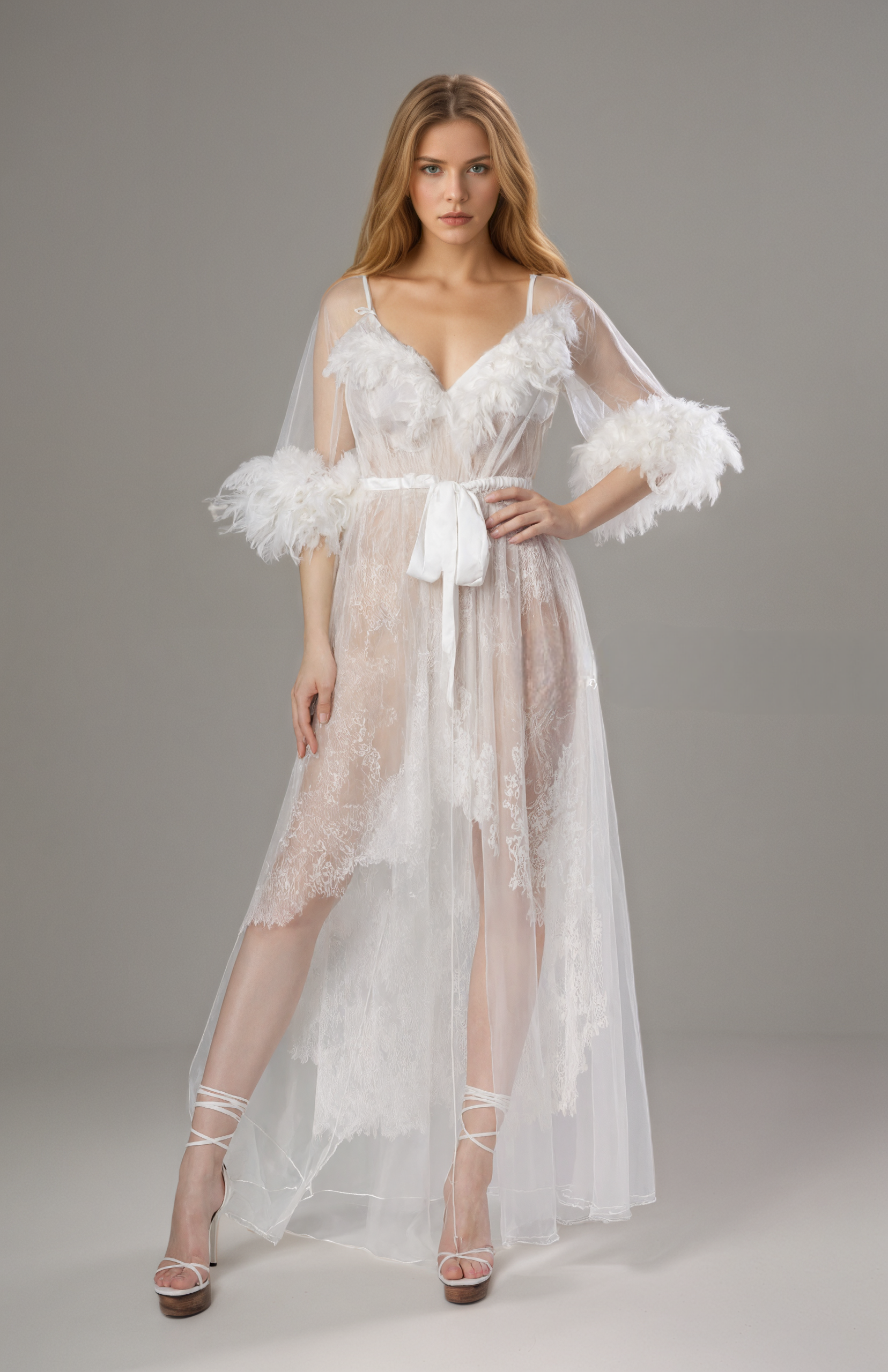 Luxury White Turkey Feather Lace Sheer Robe Dress Set | Bridal Getting Ready Gown SelenaHuanStudio