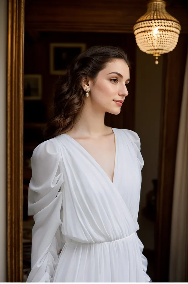 Timeless Chiffon Long Sleeve Wedding Gown with Draped Sleeves and Deep V Back