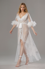 Luxury White Turkey Feather Lace Sheer Robe Dress Set | Bridal Getting Ready Gown SelenaHuanStudio
