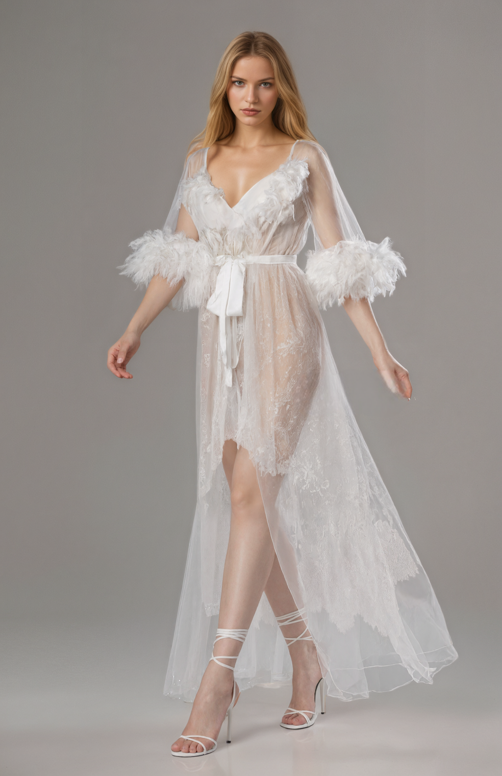 Luxury White Turkey Feather Lace Sheer Robe Dress Set | Bridal Getting Ready Gown SelenaHuanStudio