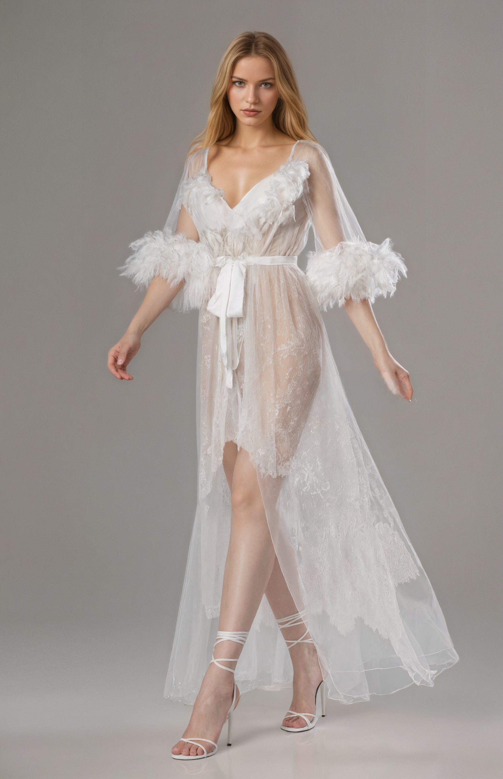 Luxury White Turkey Feather Lace Sheer Robe Dress Set | Bridal Getting Ready Gown SelenaHuanStudio