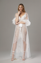 Luxury White Turkey Feather Lace Sheer Robe Dress Set | Bridal Getting Ready Gown SelenaHuanStudio