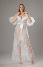 Luxury White Turkey Feather Lace Sheer Robe Dress Set | Bridal Getting Ready Gown SelenaHuanStudio
