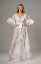 Luxury White Turkey Feather Lace Sheer Robe Dress Set | Bridal Getting Ready Gown SelenaHuanStudio