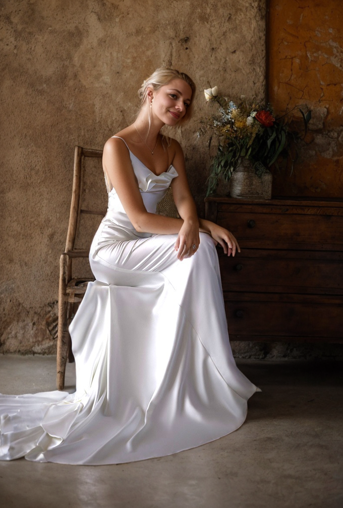 Romantic Draped Cowl Neck Satin Wedding Dress with Low Back and Train SelenaHuanStudio