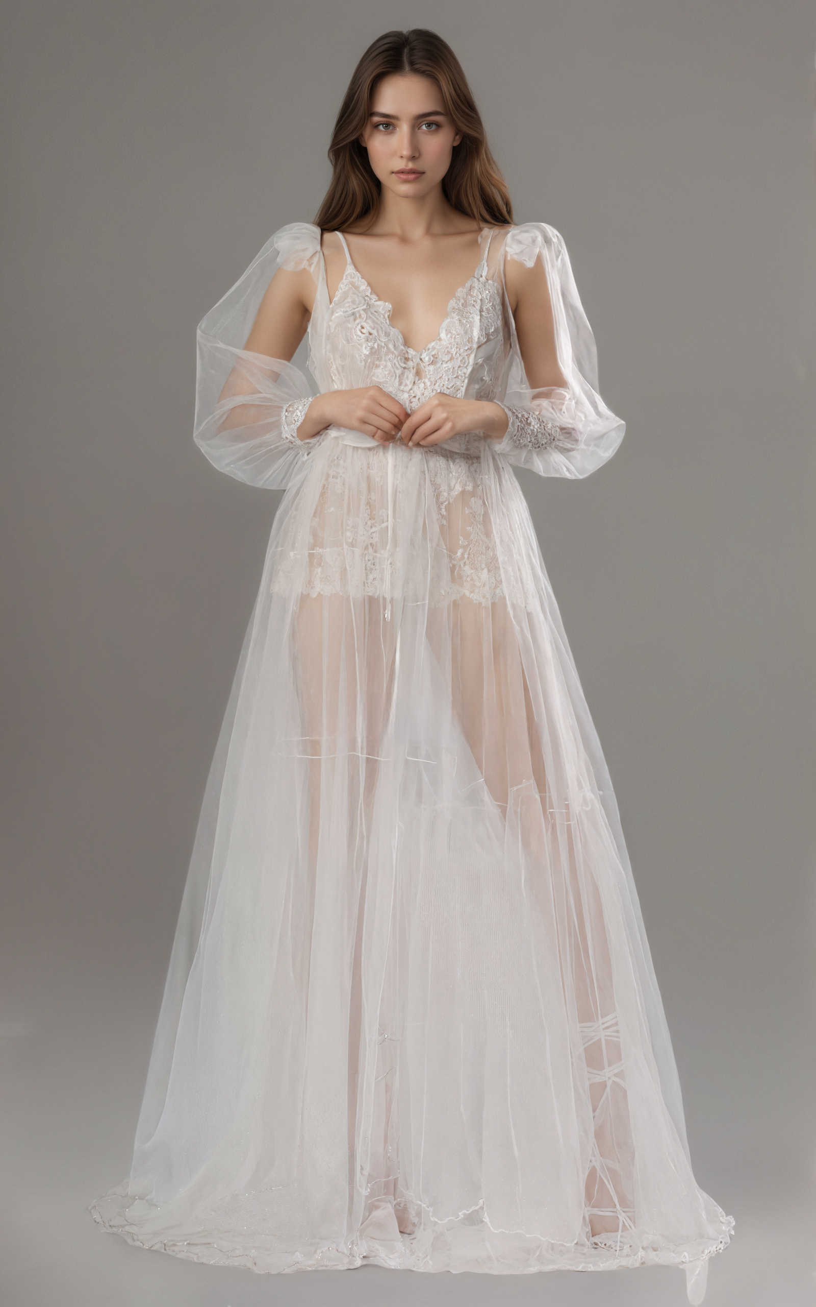 Luxury Sheer Lace Tulle Long Robe with Puff Sleeves | Bridal Boudoir Getting Ready Gown SelenaHuanStudio