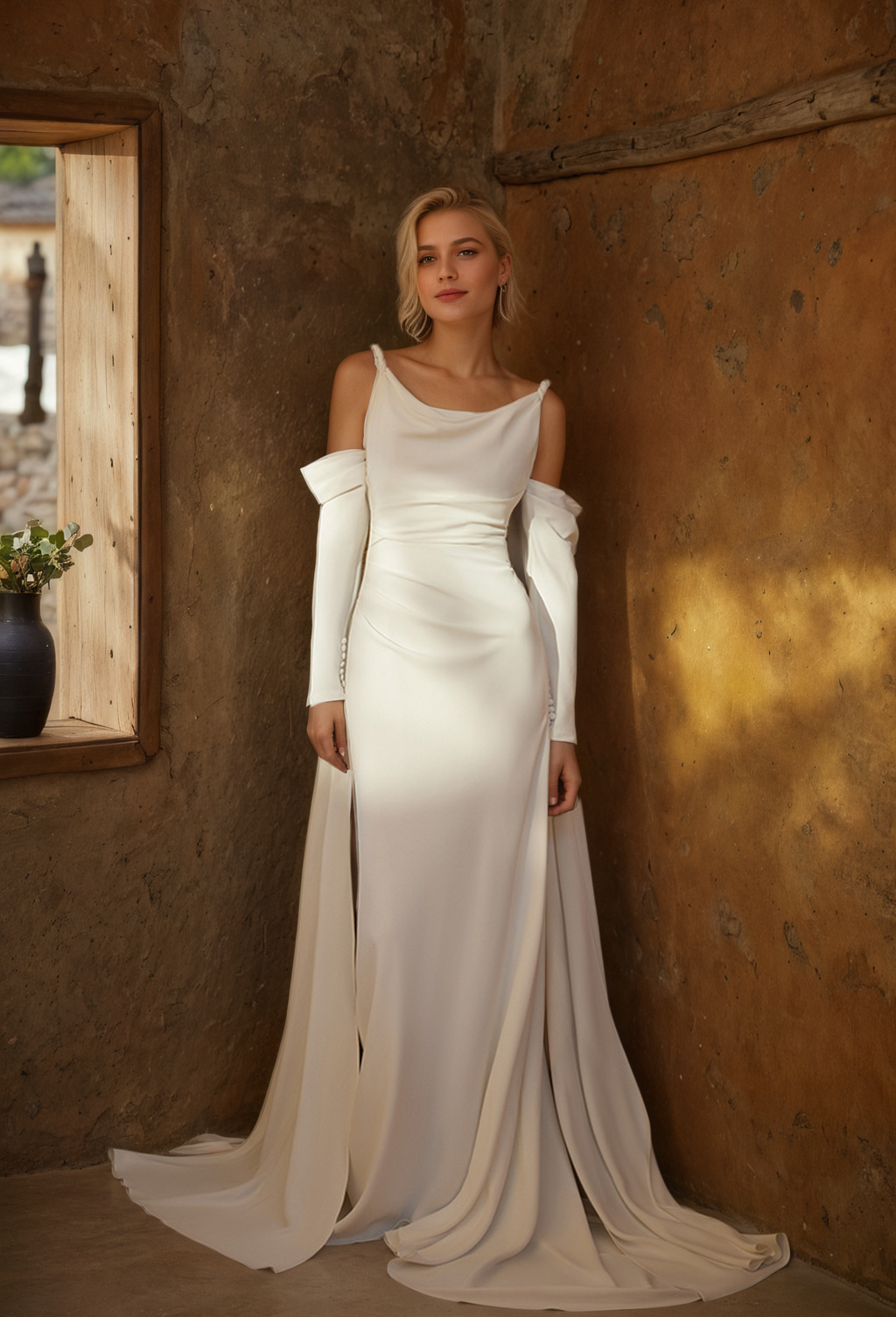 Minimalist Off-Shoulder Satin Wedding Gown with Detachable Sleeves and Elegant Train
