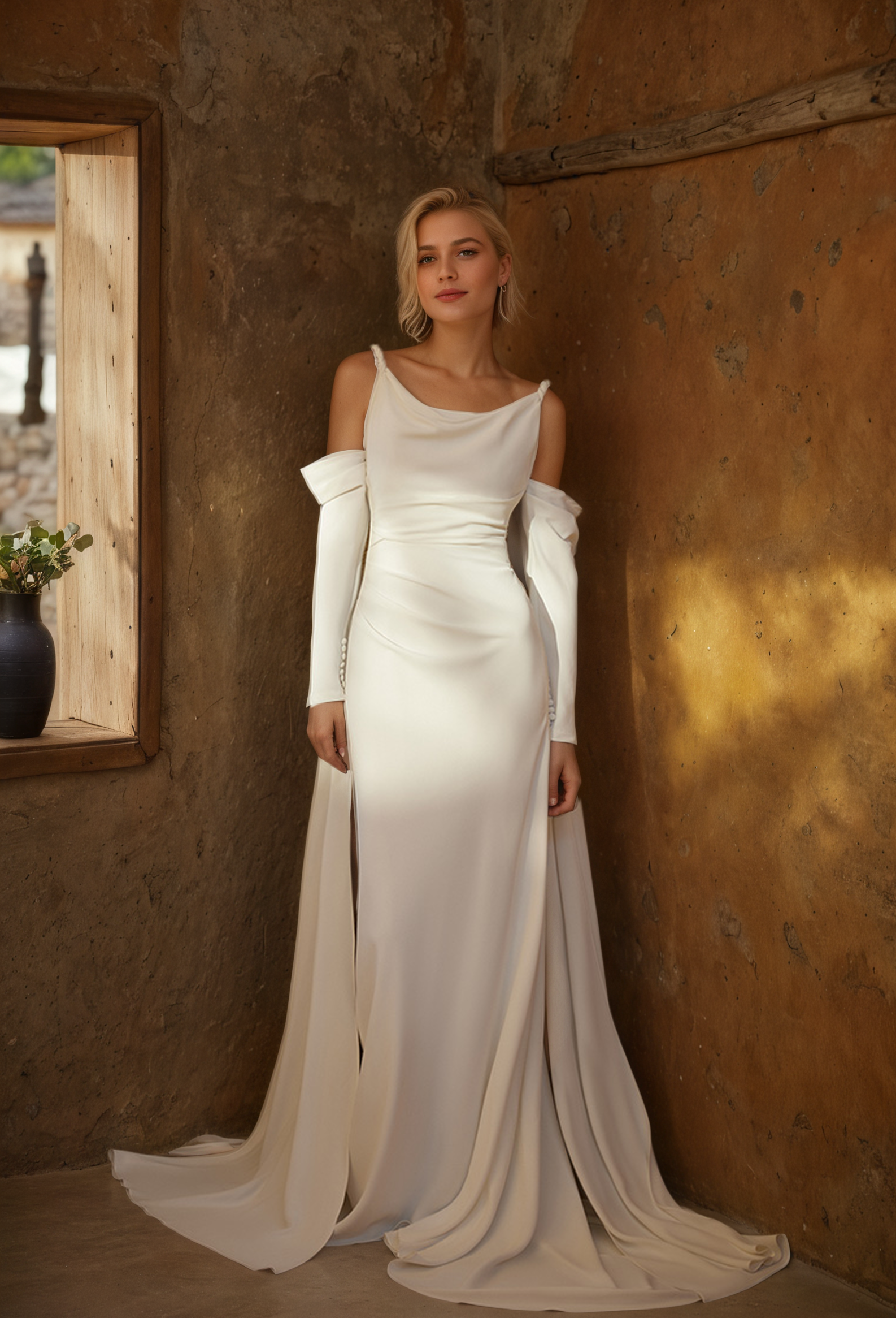 Minimalist Off-Shoulder Satin Wedding Gown with Detachable Sleeves and Elegant Train