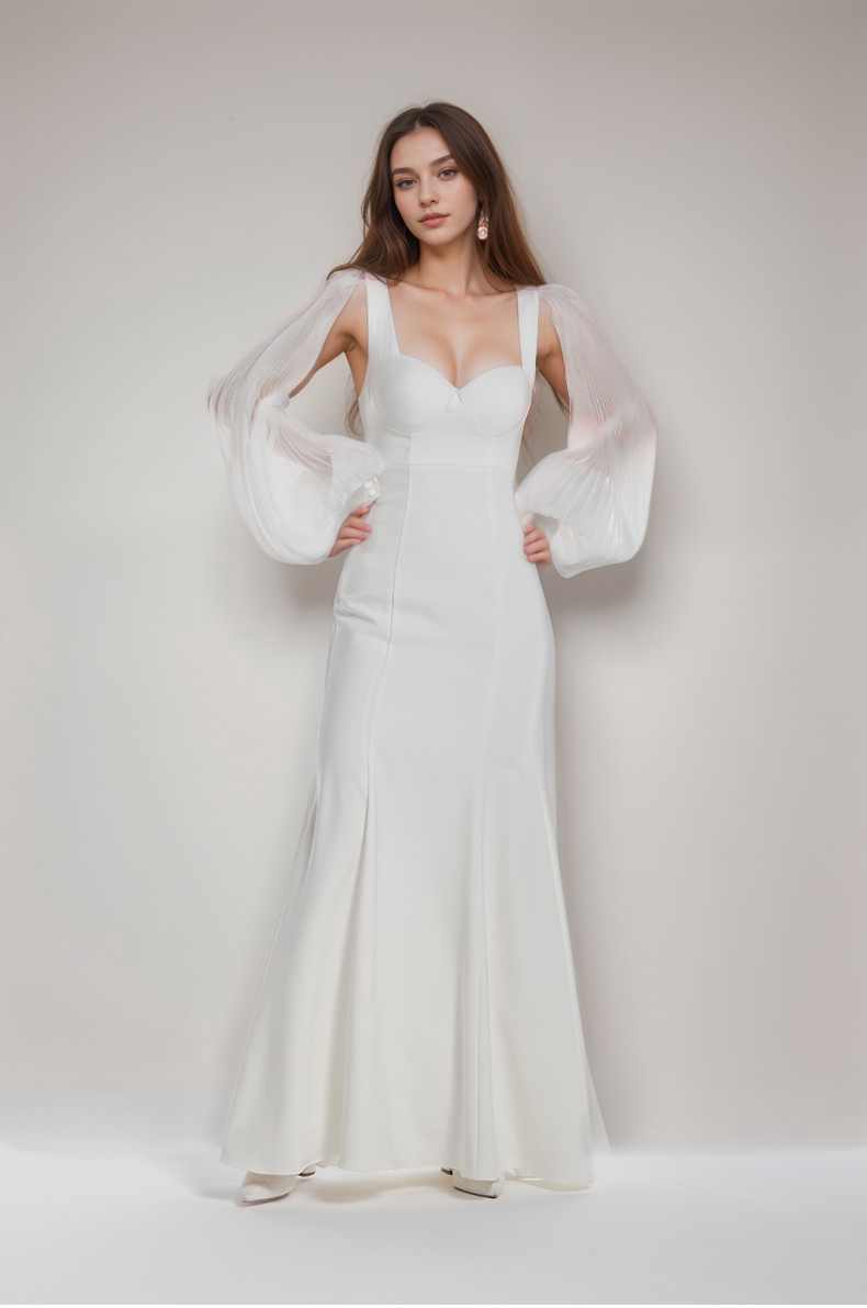 Ethereal Sculpted Bust Mermaid Gown with Sheer Balloon Sleeves SelenaHuanStudio