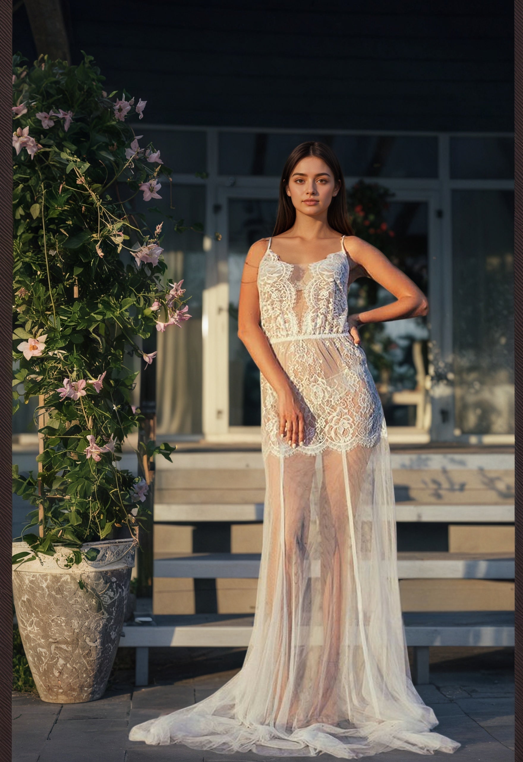 Ethereal Lace Sheer Long Robe with Flowing Train – Elegant Bridal Boudoir Gown SelenaHuanStudio