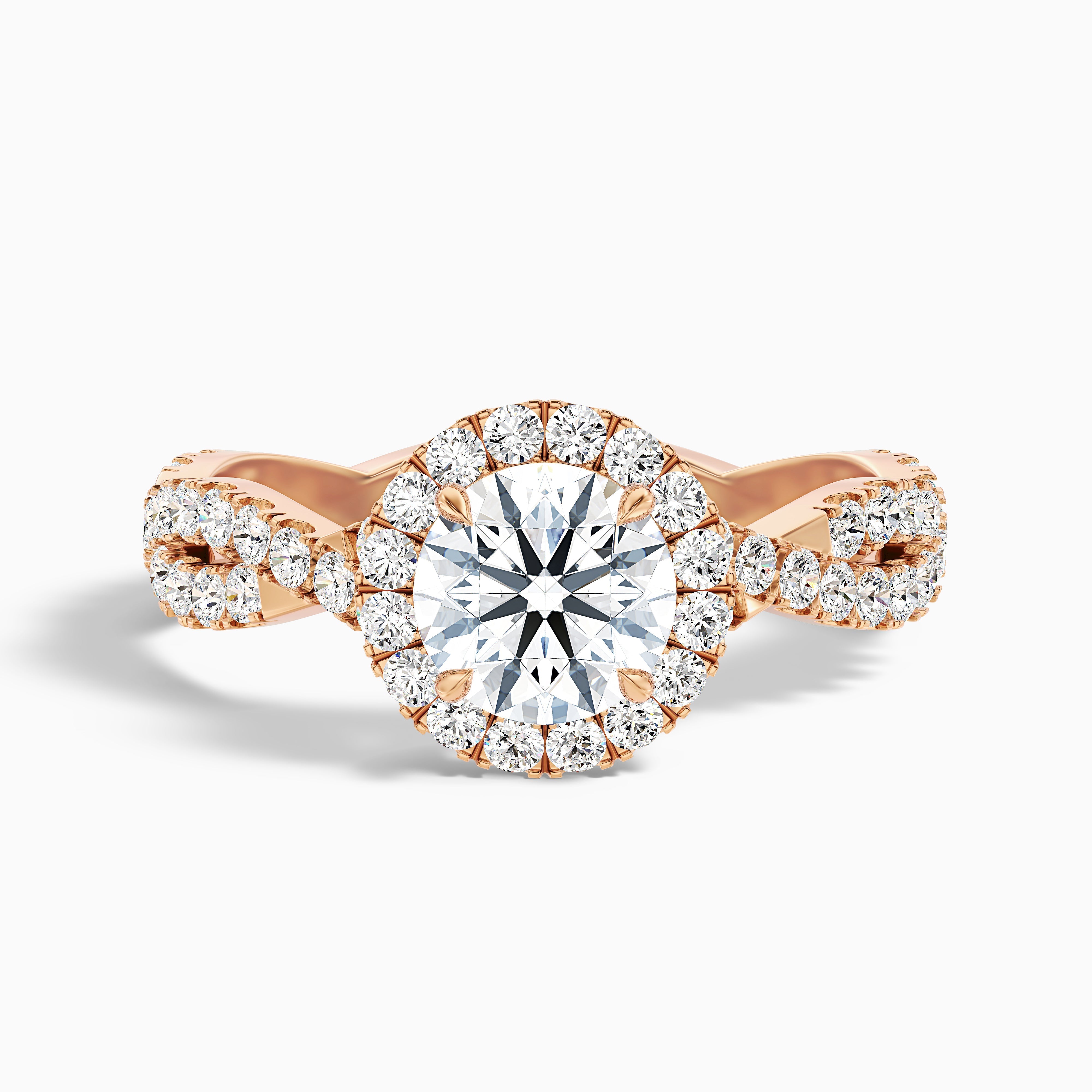 Riva 3 Carat Round Cut Halo Twisted Pave Moissanite Engagement Ring in 18k Rose Gold