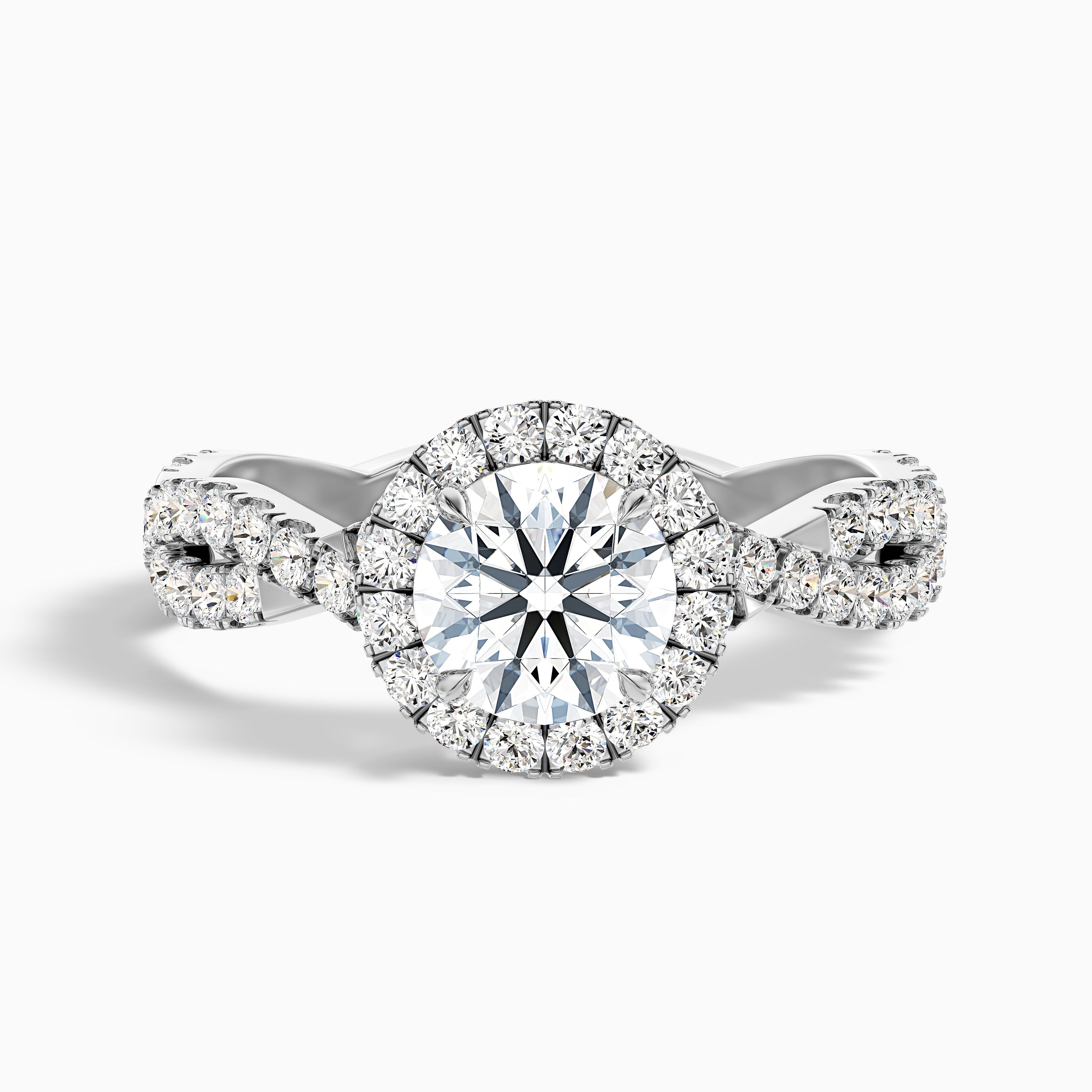 Riva 5 Carat Round Cut Halo Twisted Pave Moissanite Engagement Ring in 18k White Gold