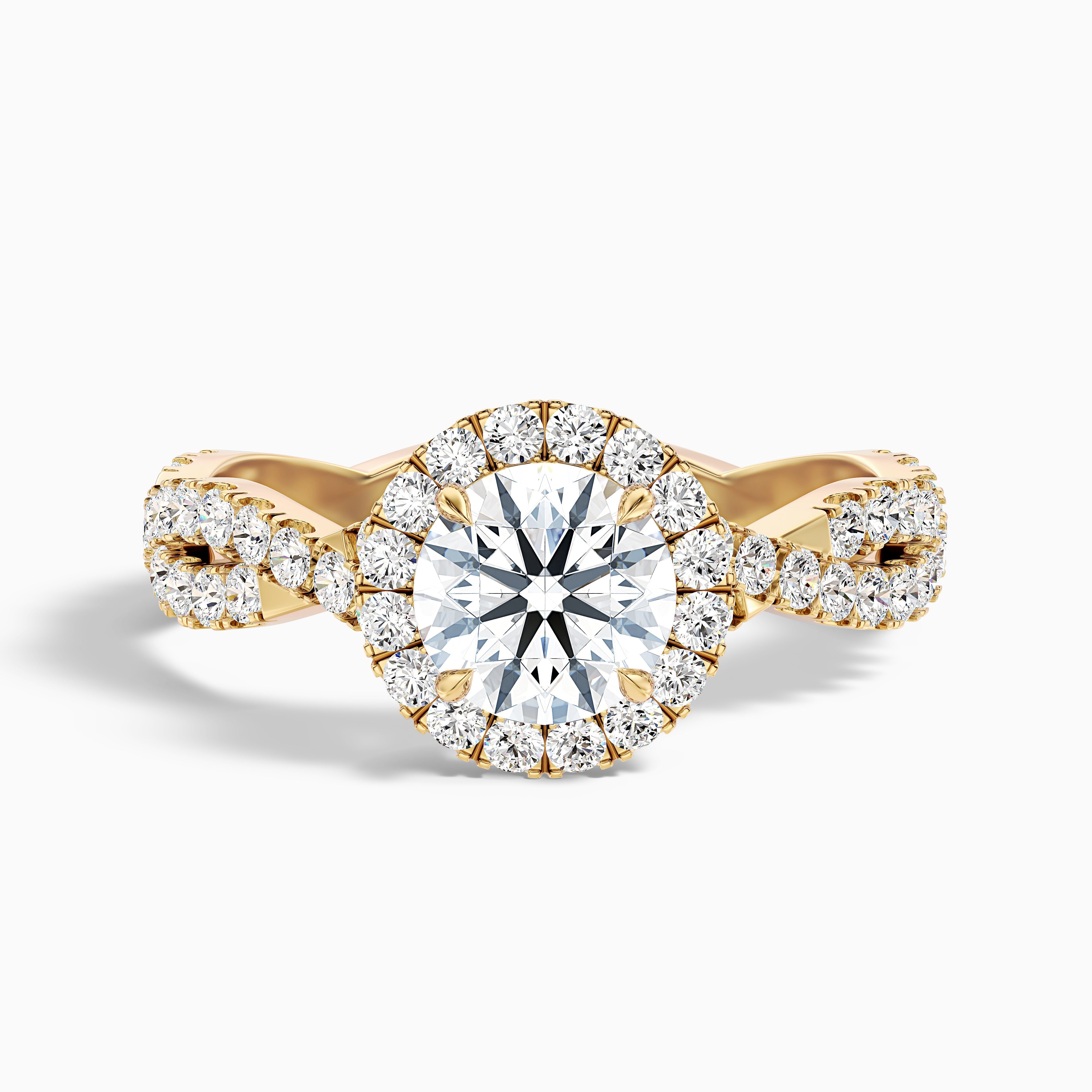 Riva 5 Carat Round Cut Halo Twisted Pave Moissanite Engagement Ring in 10k Yellow Gold