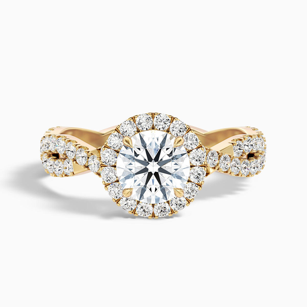 Riva 1 Carat Round Cut Halo Twisted Pave Moissanite Engagement Ring in 14k Yellow Gold