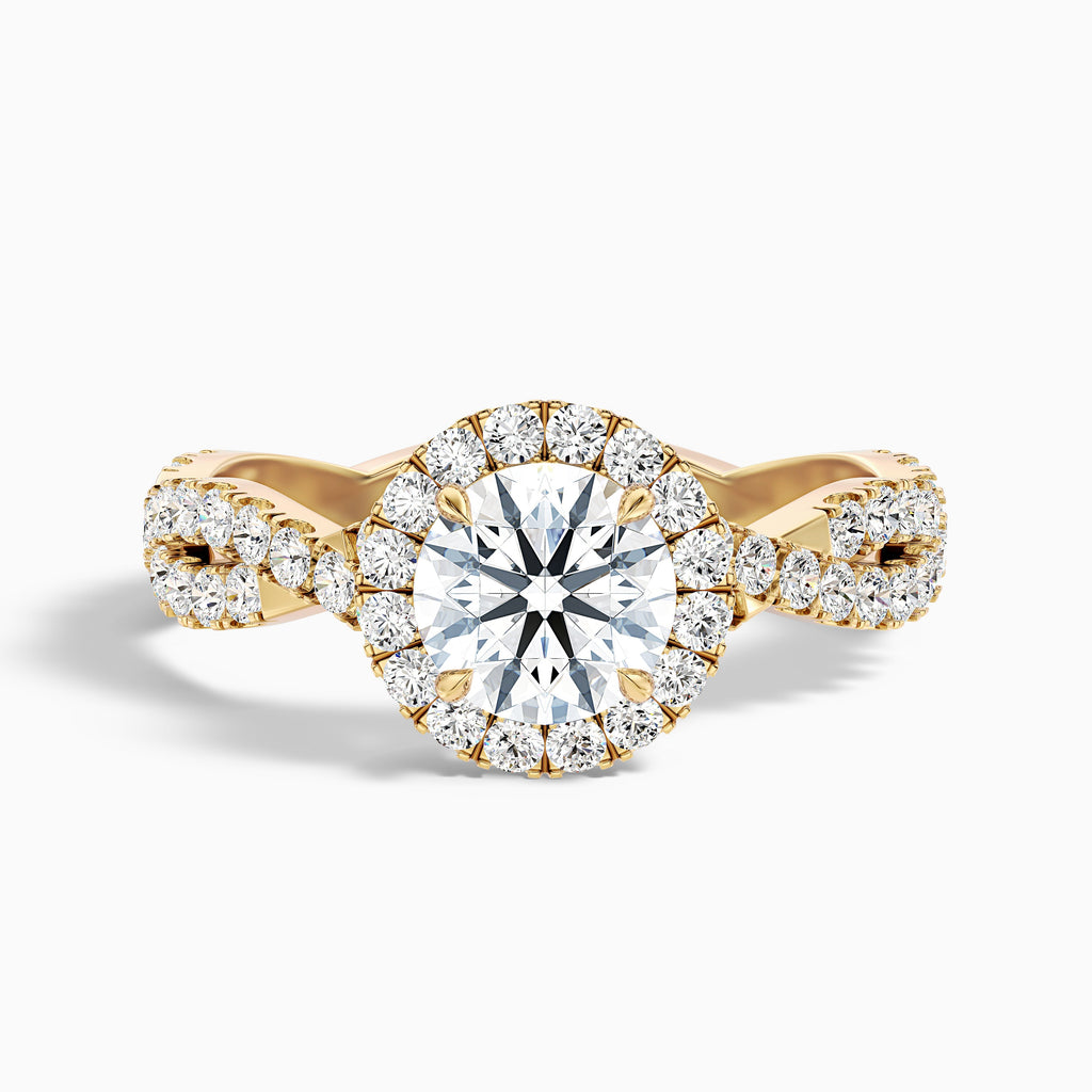 Riva 4.5 Carat Round Cut Halo Twisted Pave Moissanite Engagement Ring in 18k Yellow Gold