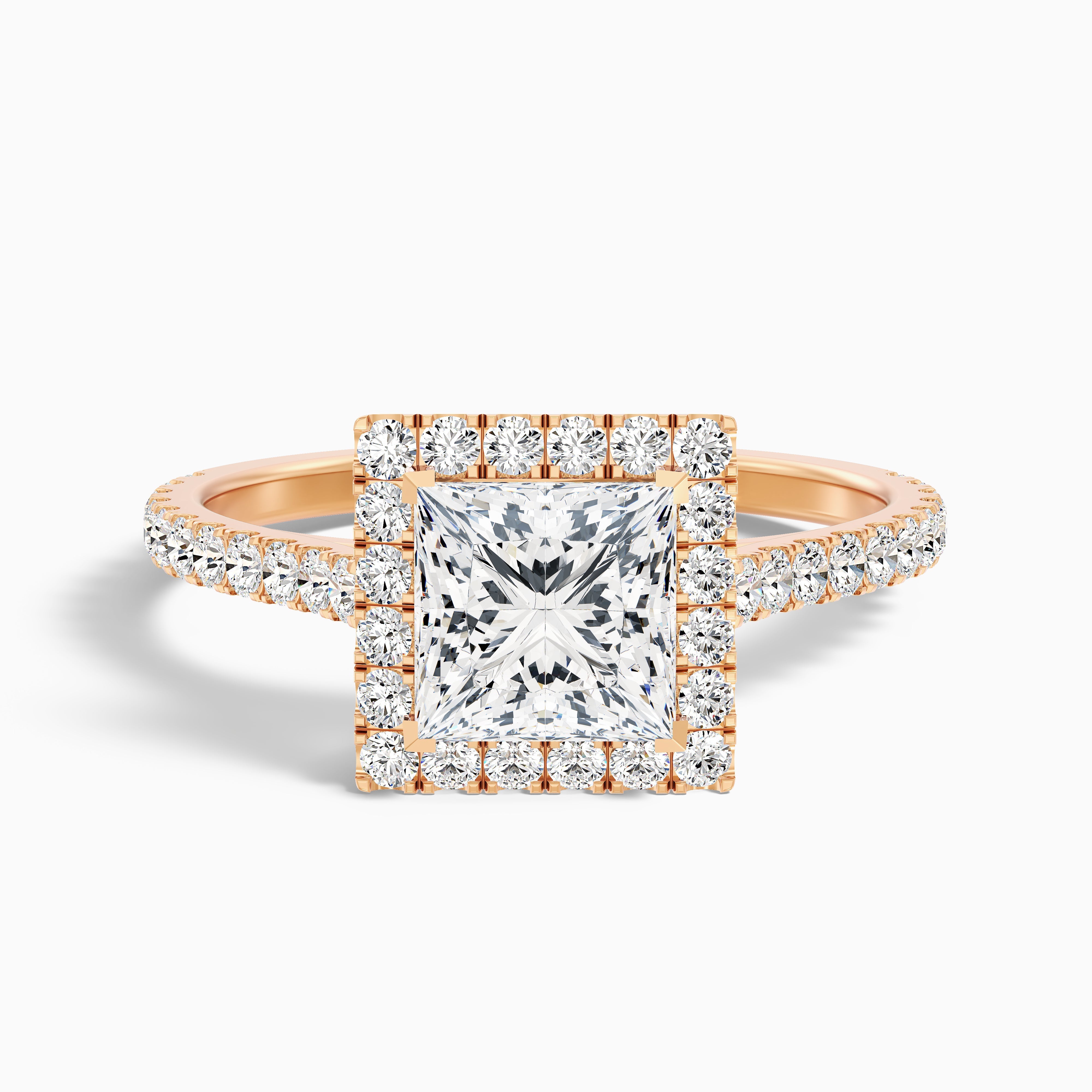 Rose 2 Carat Princess Halo Pave Moissanite Engagement Ring in 10k Rose Gold