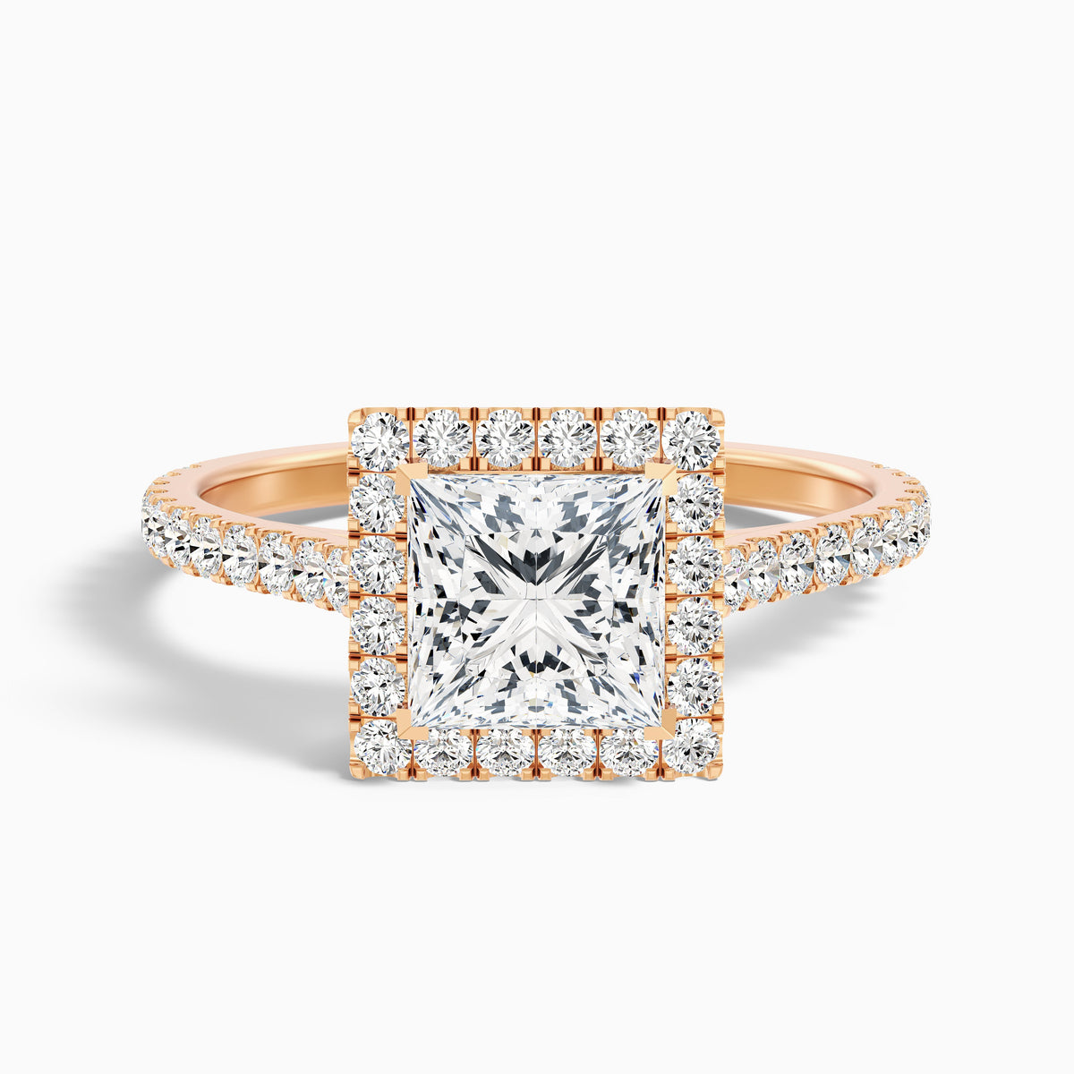 Rose 5 Carat Princess Halo Pave Moissanite Engagement Ring in 14k Yellow Gold