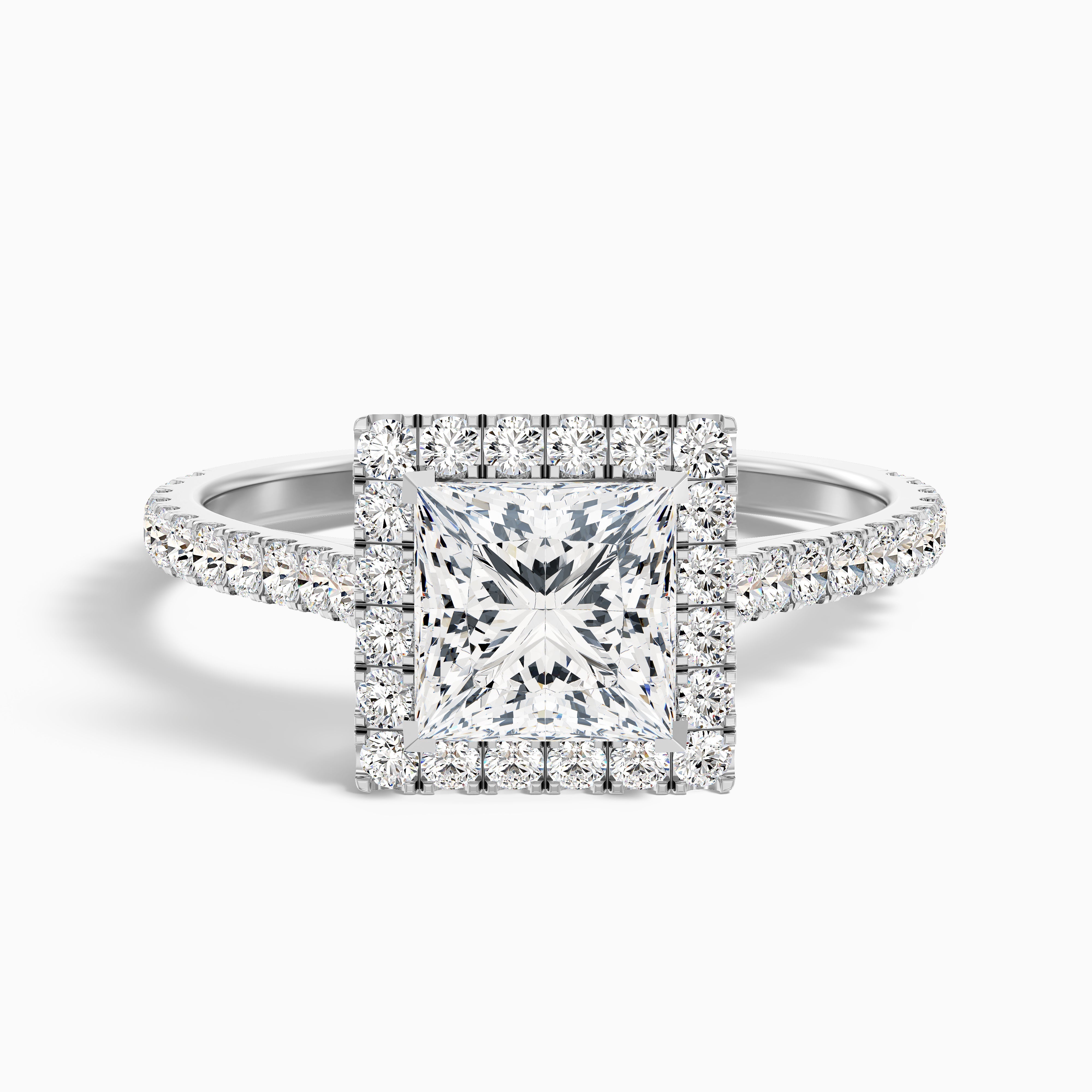 Rose 5 Carat Princess Halo Pave Moissanite Engagement Ring in 10k White Gold