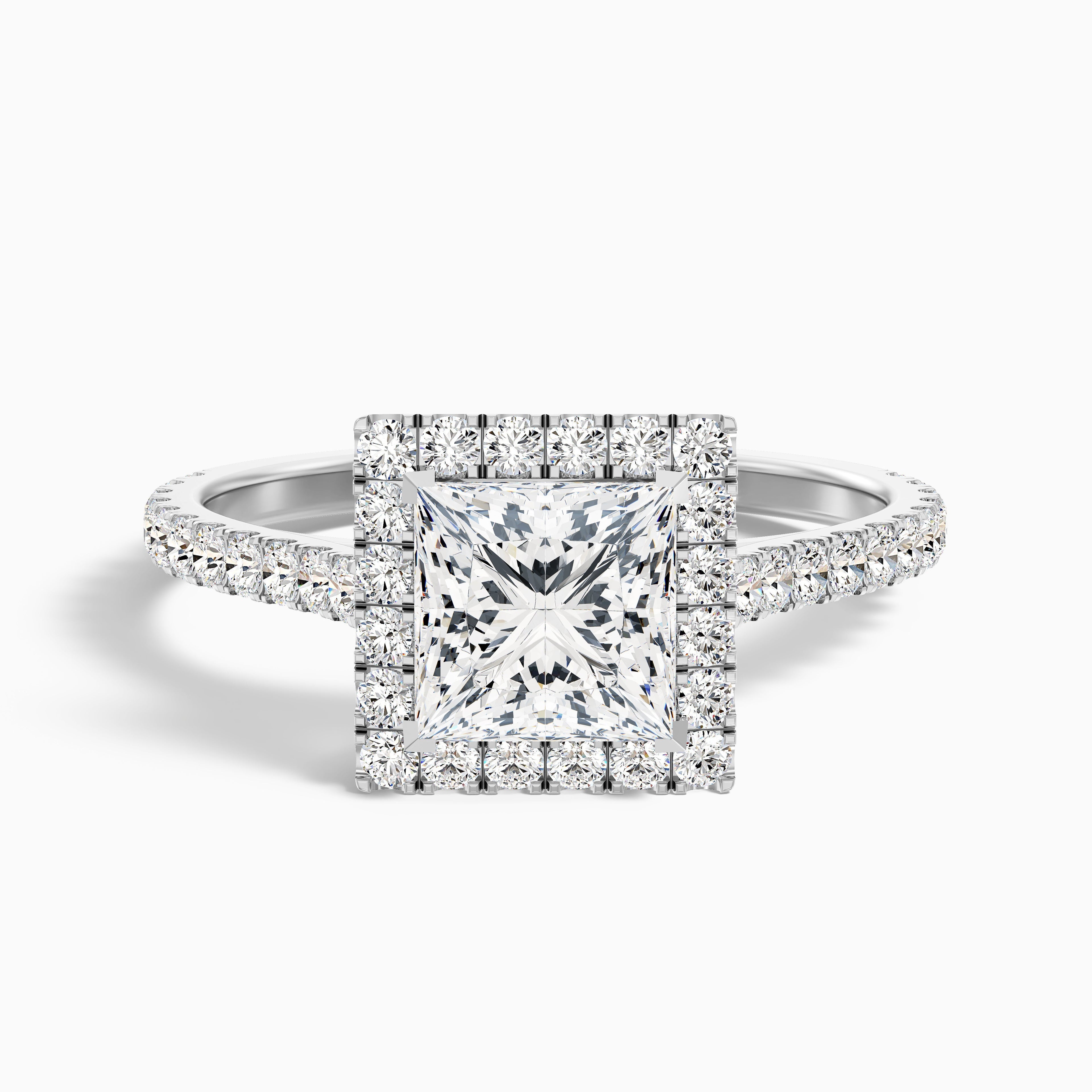 Rose 2 Carat Princess Halo Pave Moissanite Engagement Ring in 18k Yellow Gold