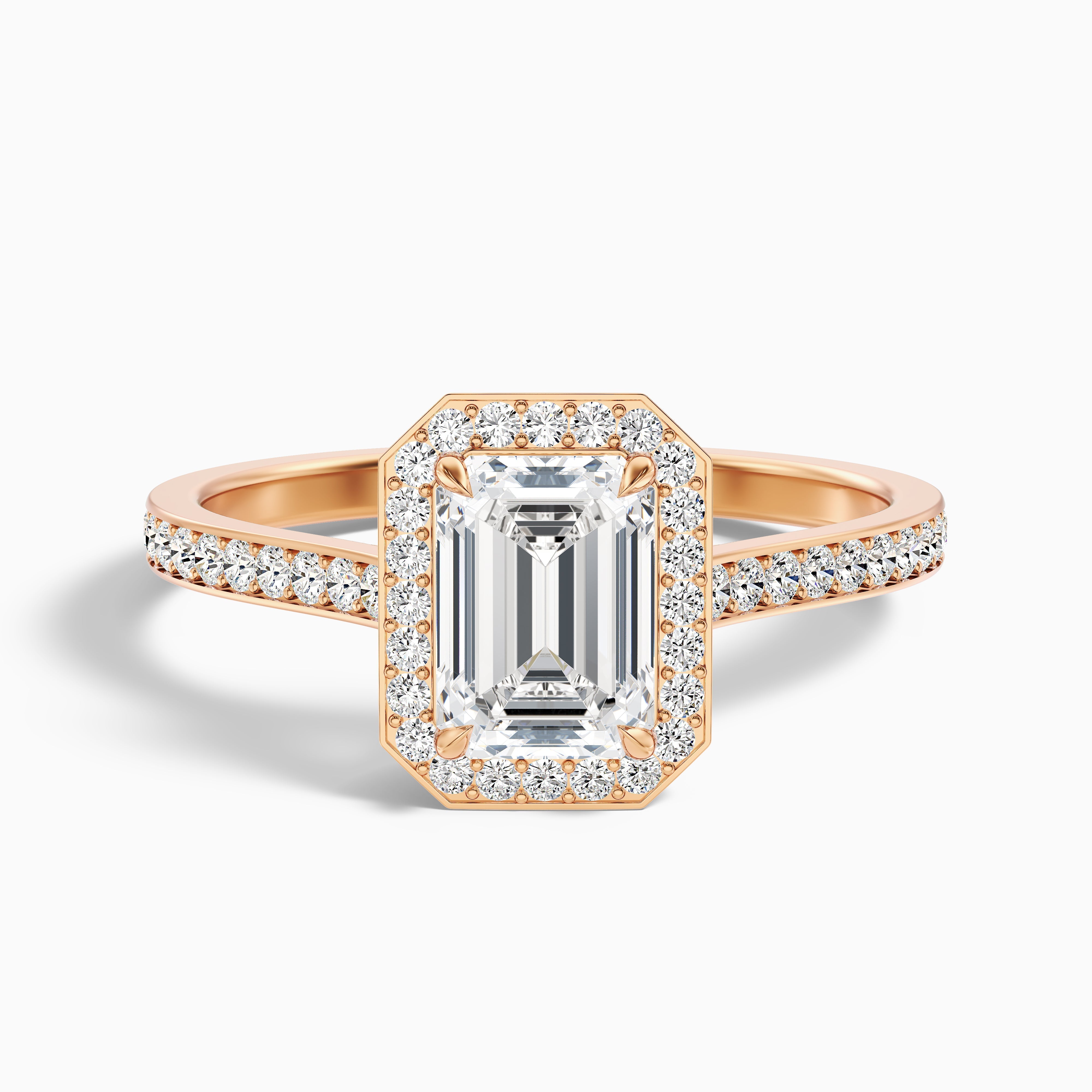 Zoya 1.5 Carat Emerald Cut Halo Pave Moissanite Engagement Ring in 10k Rose Gold