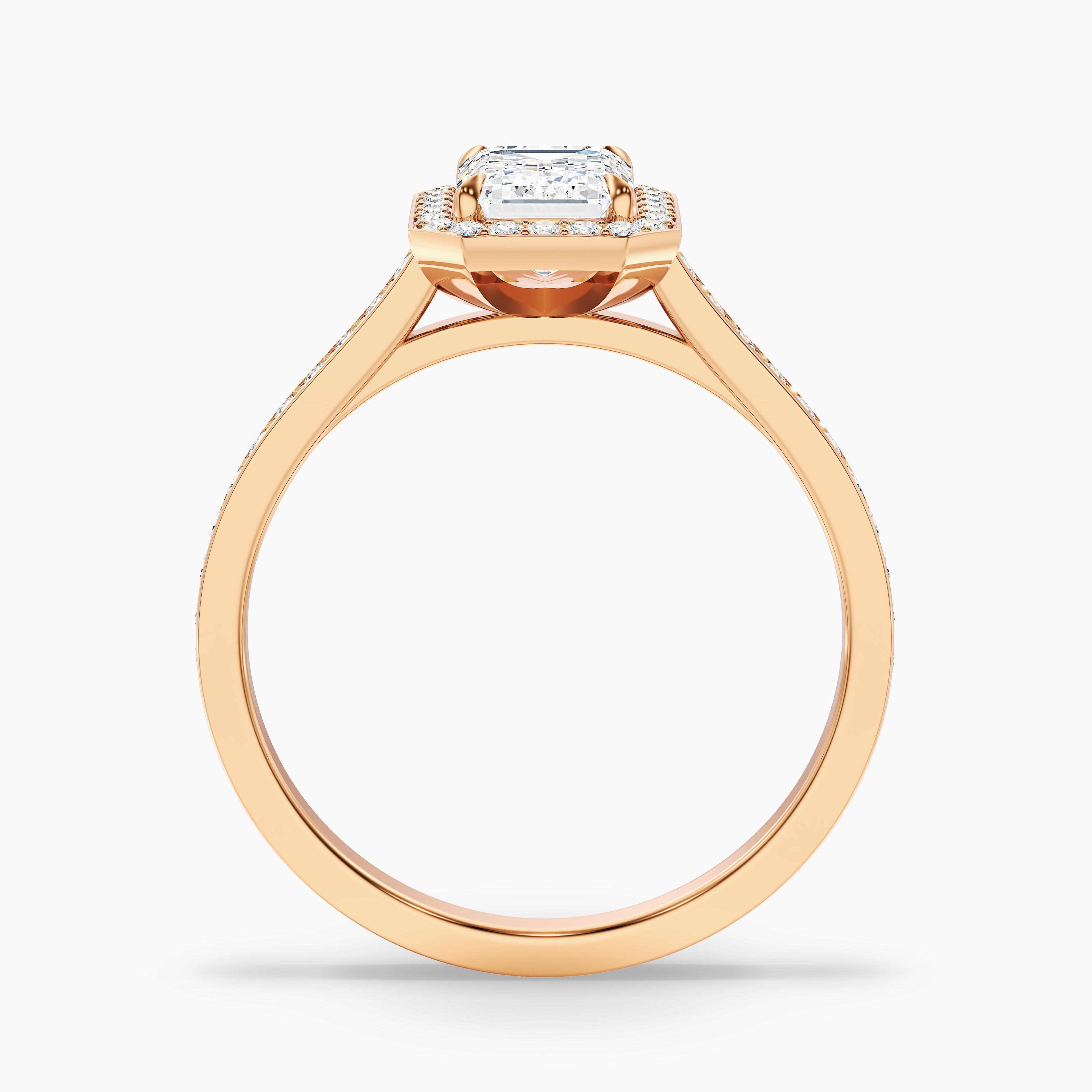 Zoya 1 Carat Emerald Cut Halo Pave Moissanite Engagement Ring in 18k Rose Gold