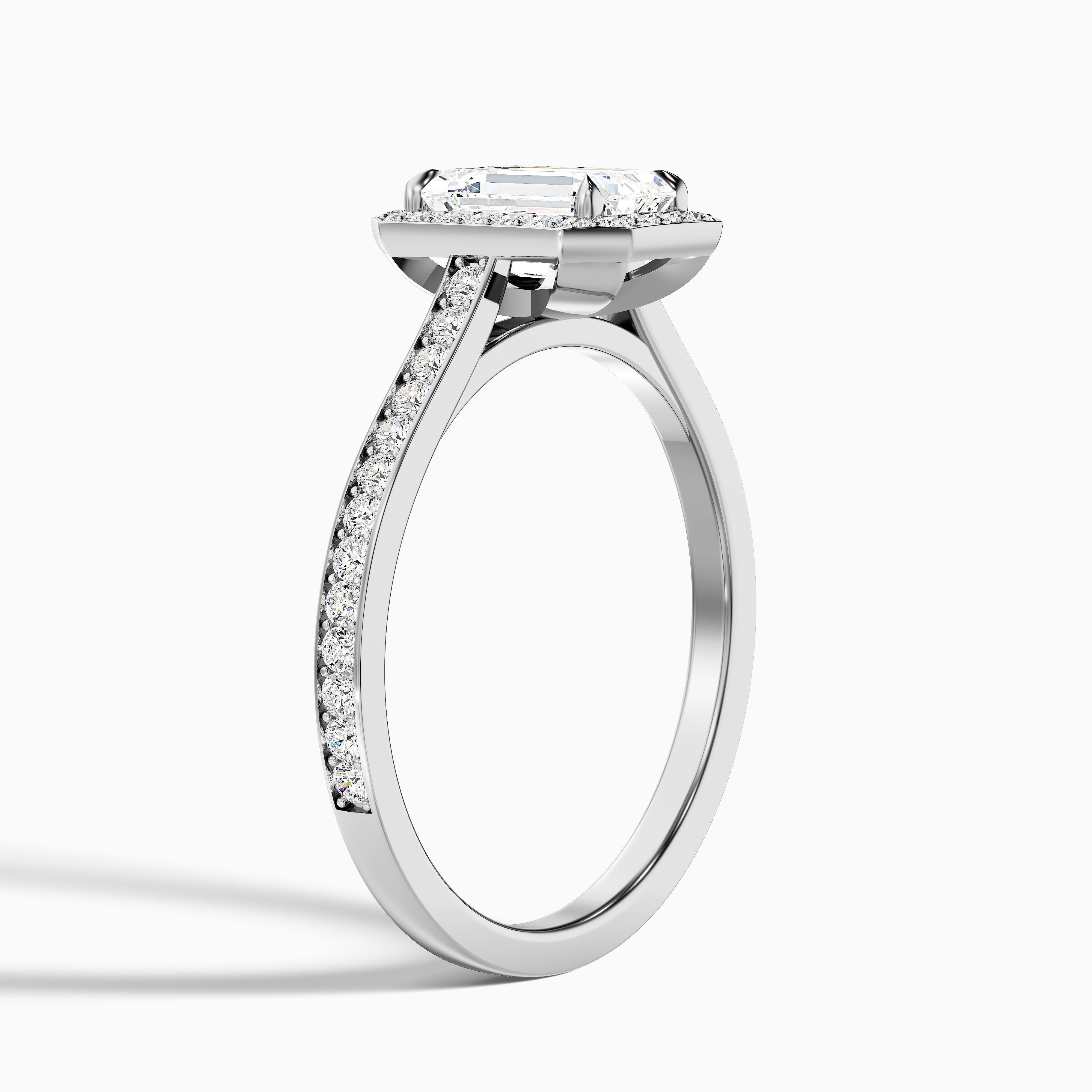 Zoya 2 Carat Emerald Cut Halo Pave Moissanite Engagement Ring in Platinum