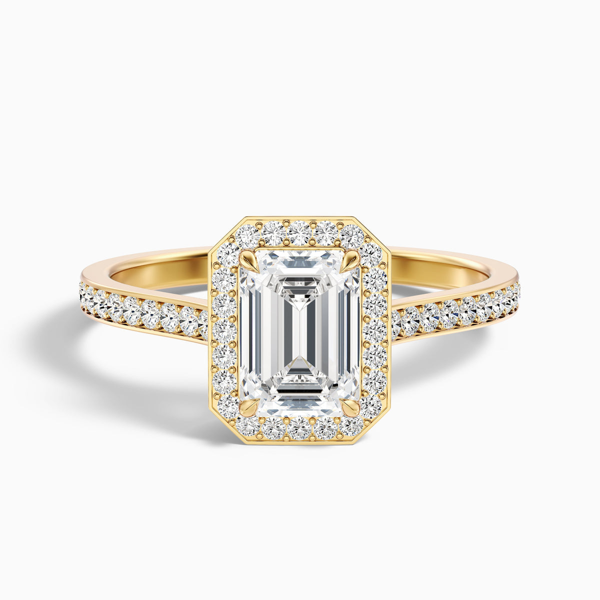 Zoya 5.5 Carat Emerald Cut Halo Pave Moissanite Engagement Ring in 14k Rose Gold